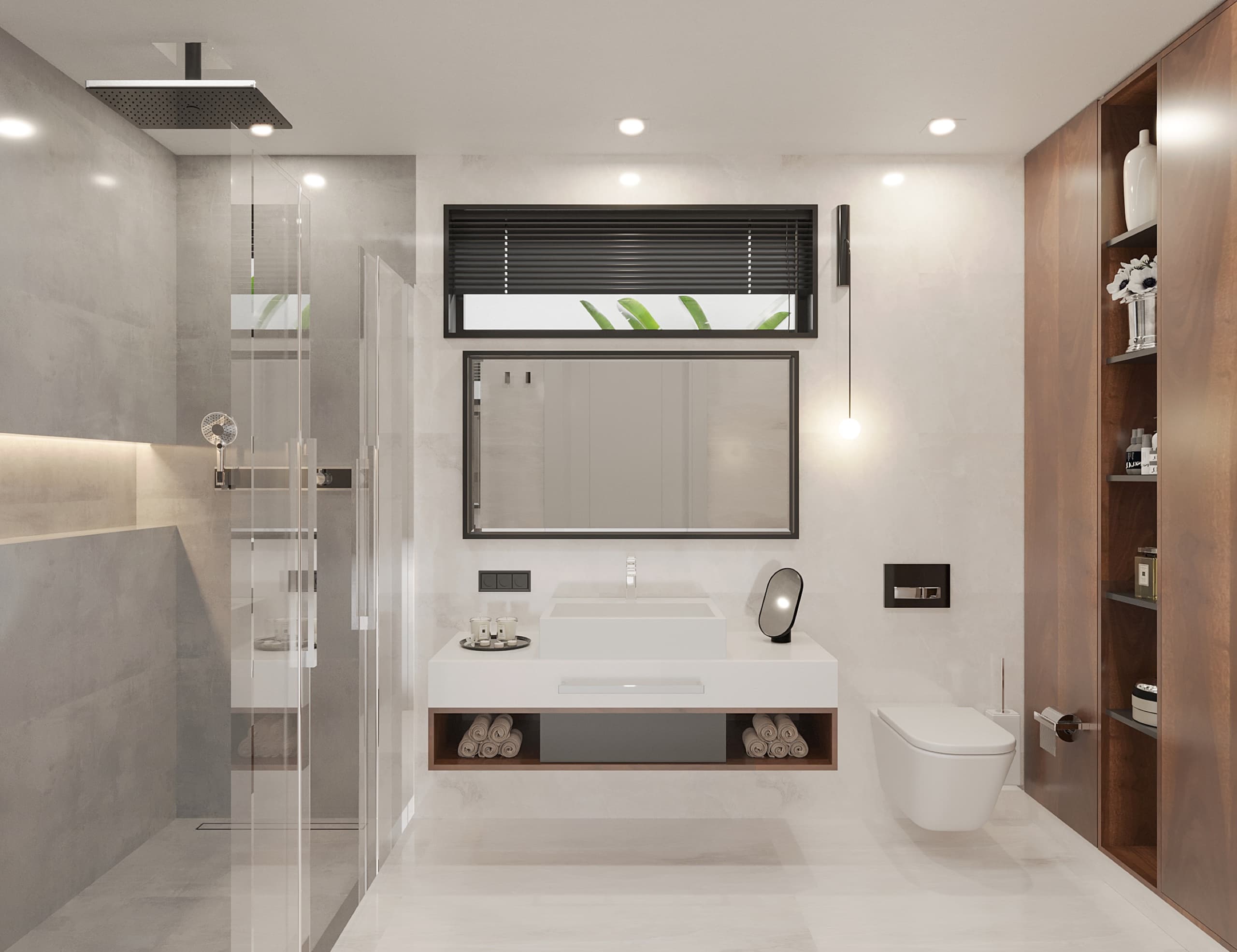Bathroom with stone vanity and full-height tile