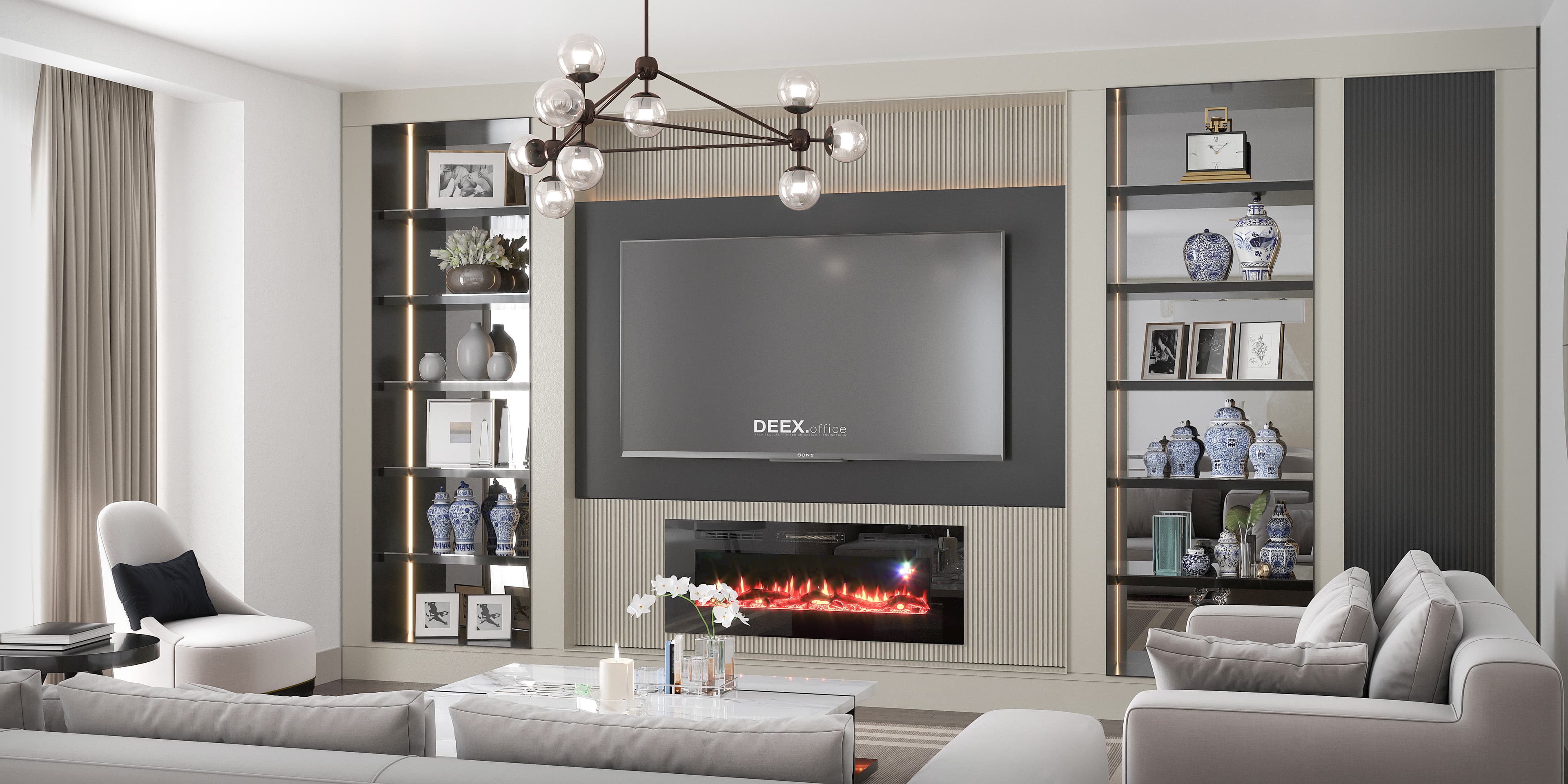 Close-up render of TV wall unit with electric fireplace and decorative porcelain