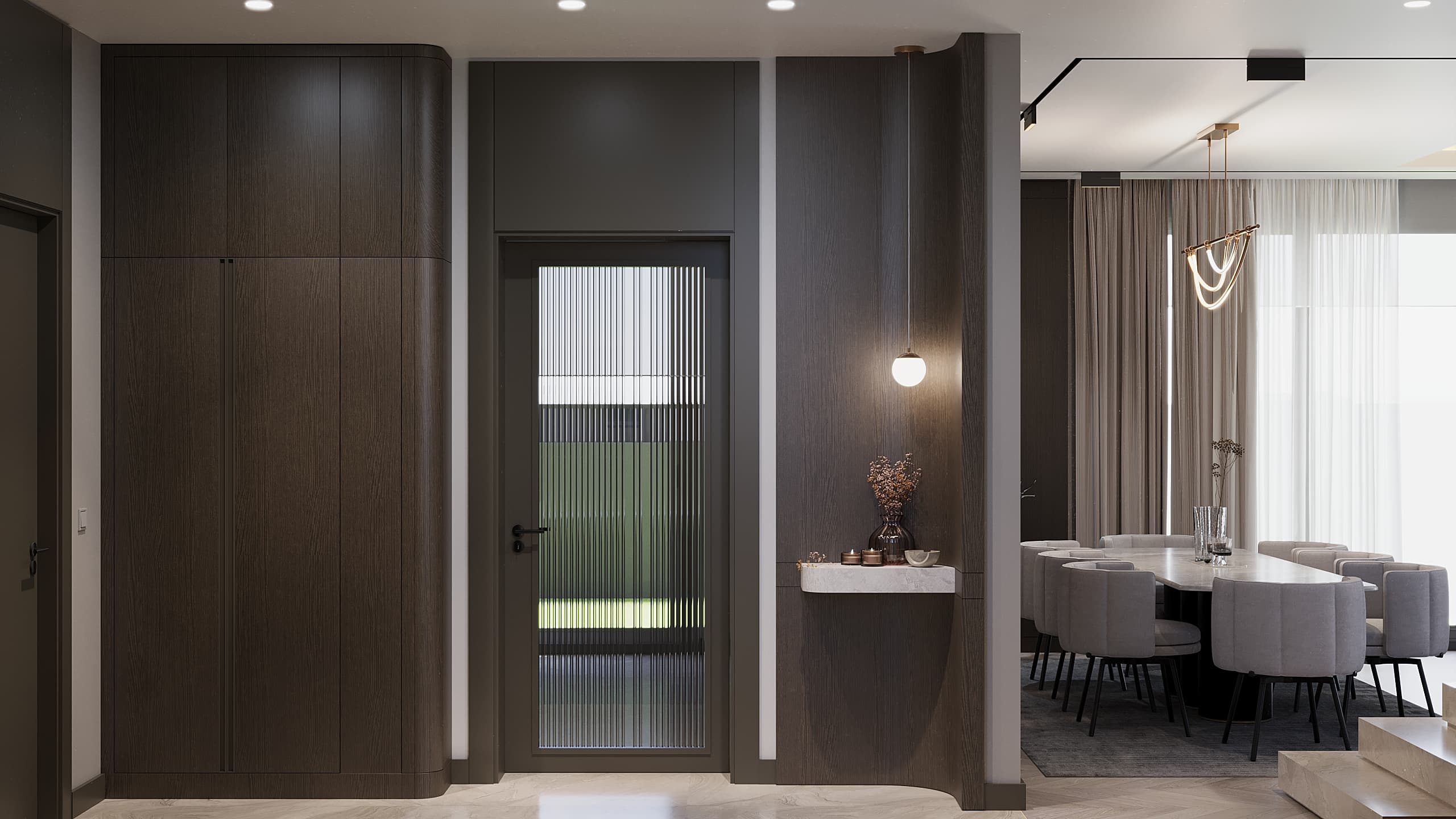 Entryway with dark oak panels and reeded glass door to dining area