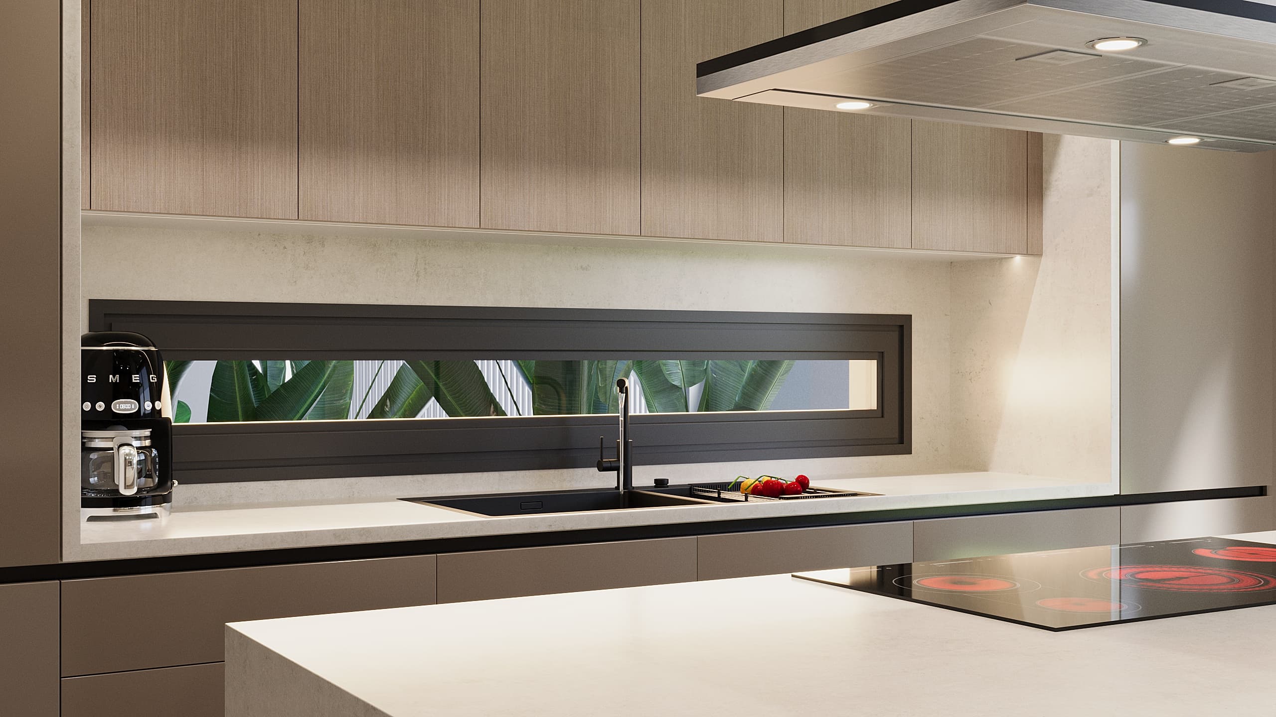 Kitchen backsplash detail with horizontal window to garden