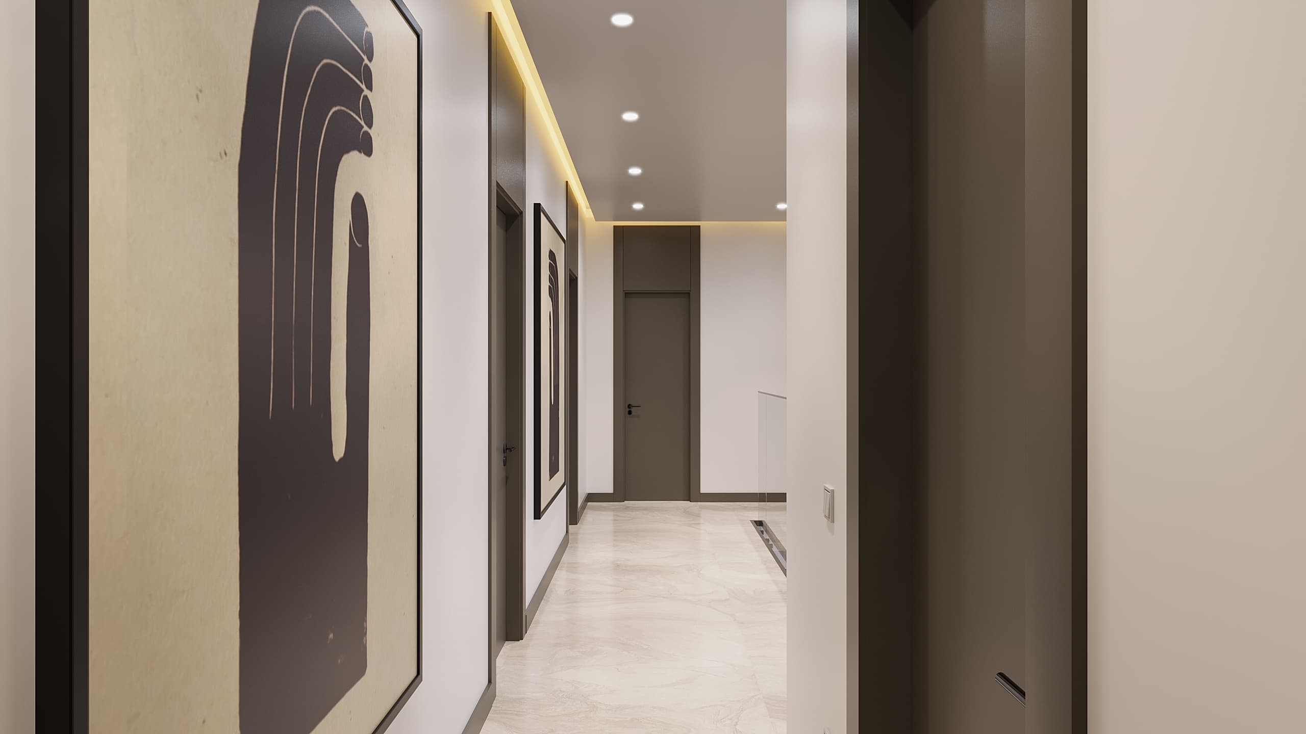 Hallway continuation with abstract art pieces on wall