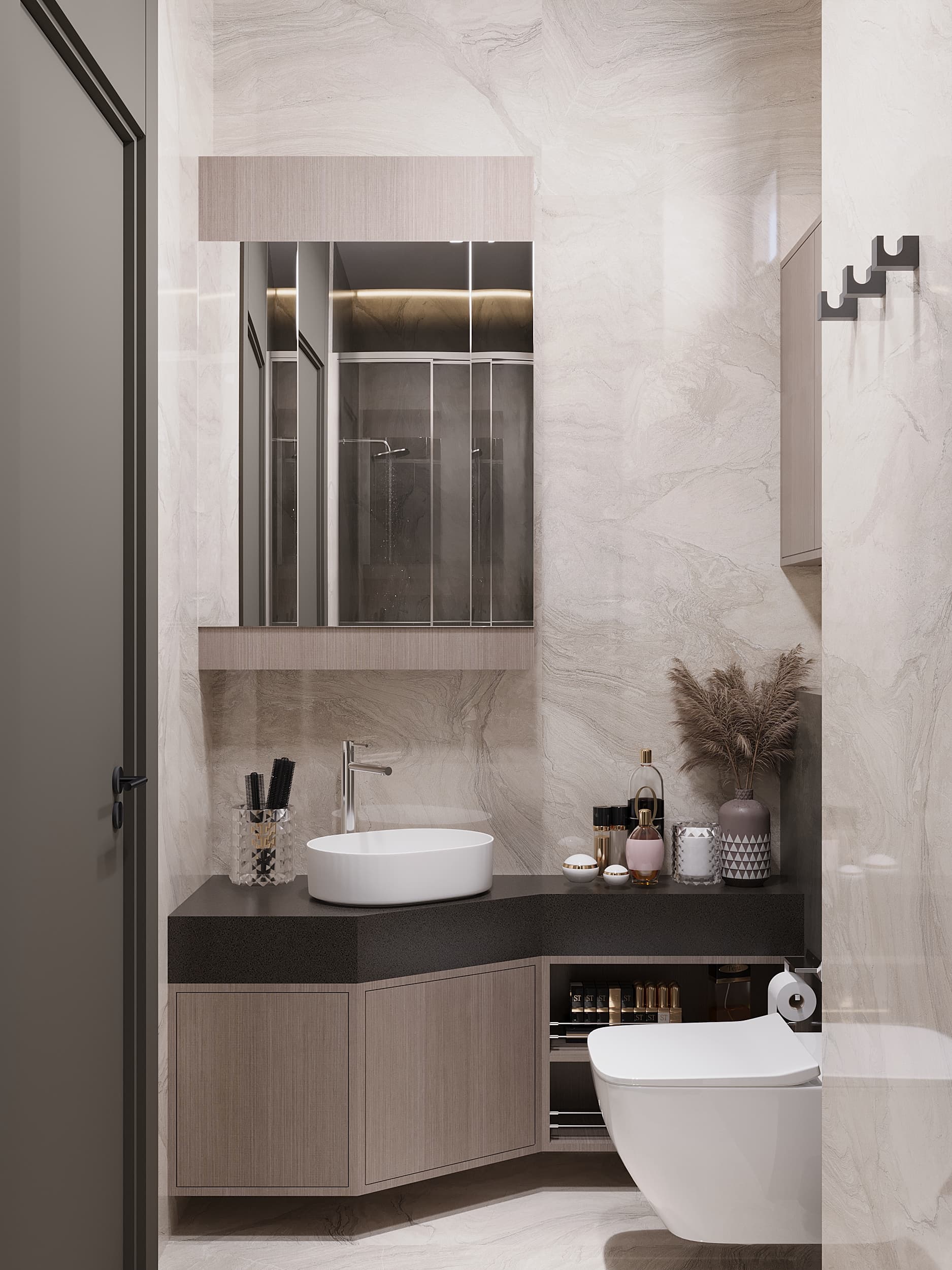 Bathroom vanity detail with vessel sink and backlit mirror