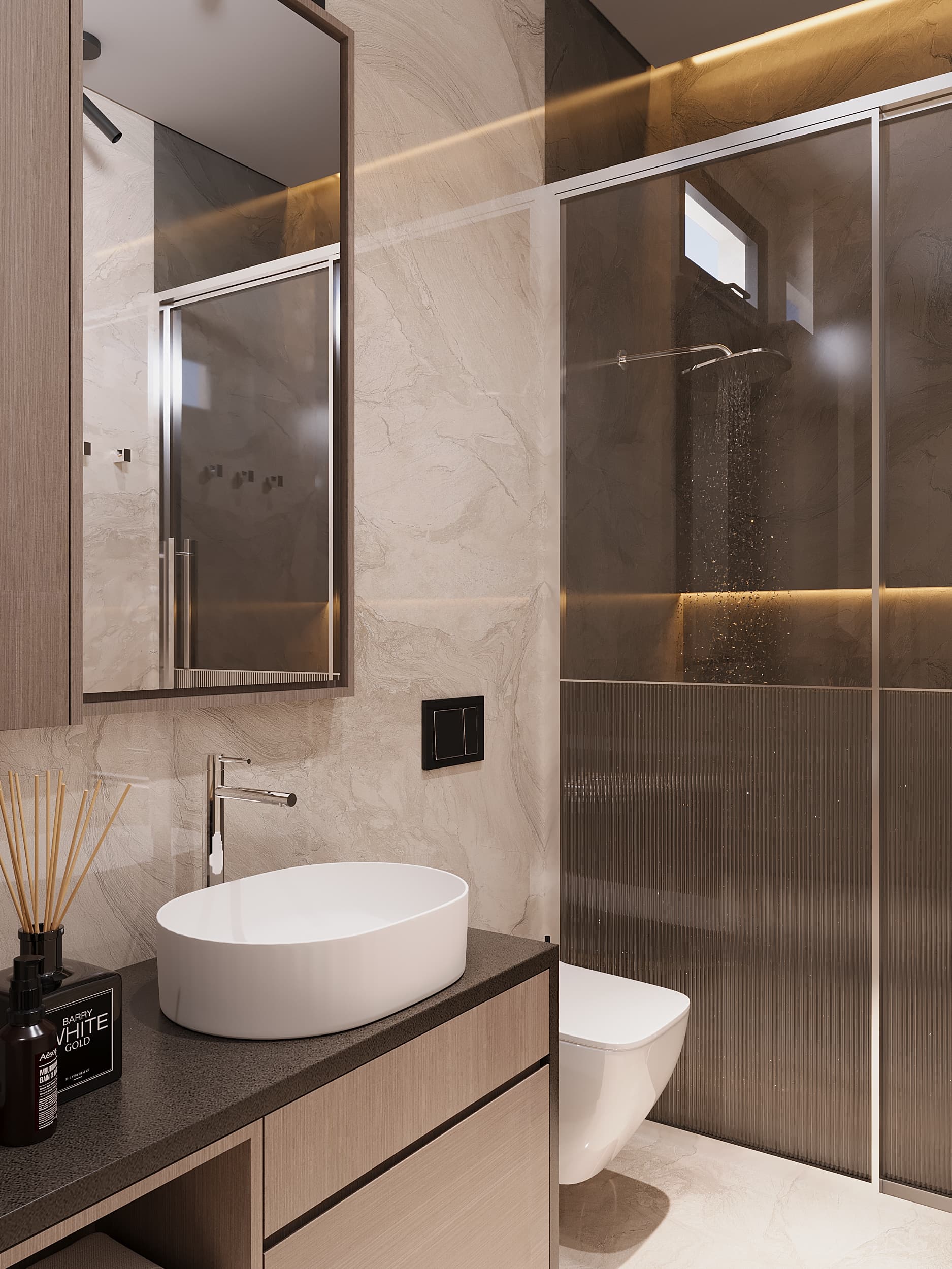 Warm bathroom detail showing vessel sink, mirror and shower