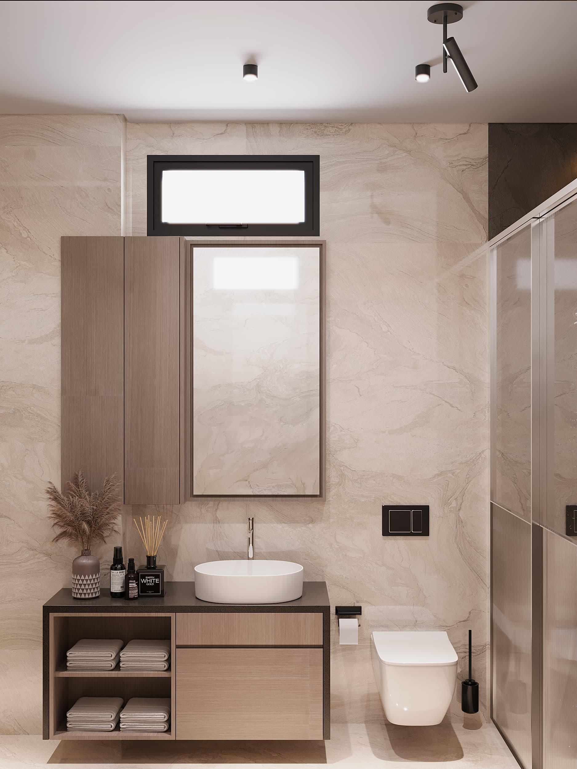 Bathroom with wooden vanity, vessel sink and window