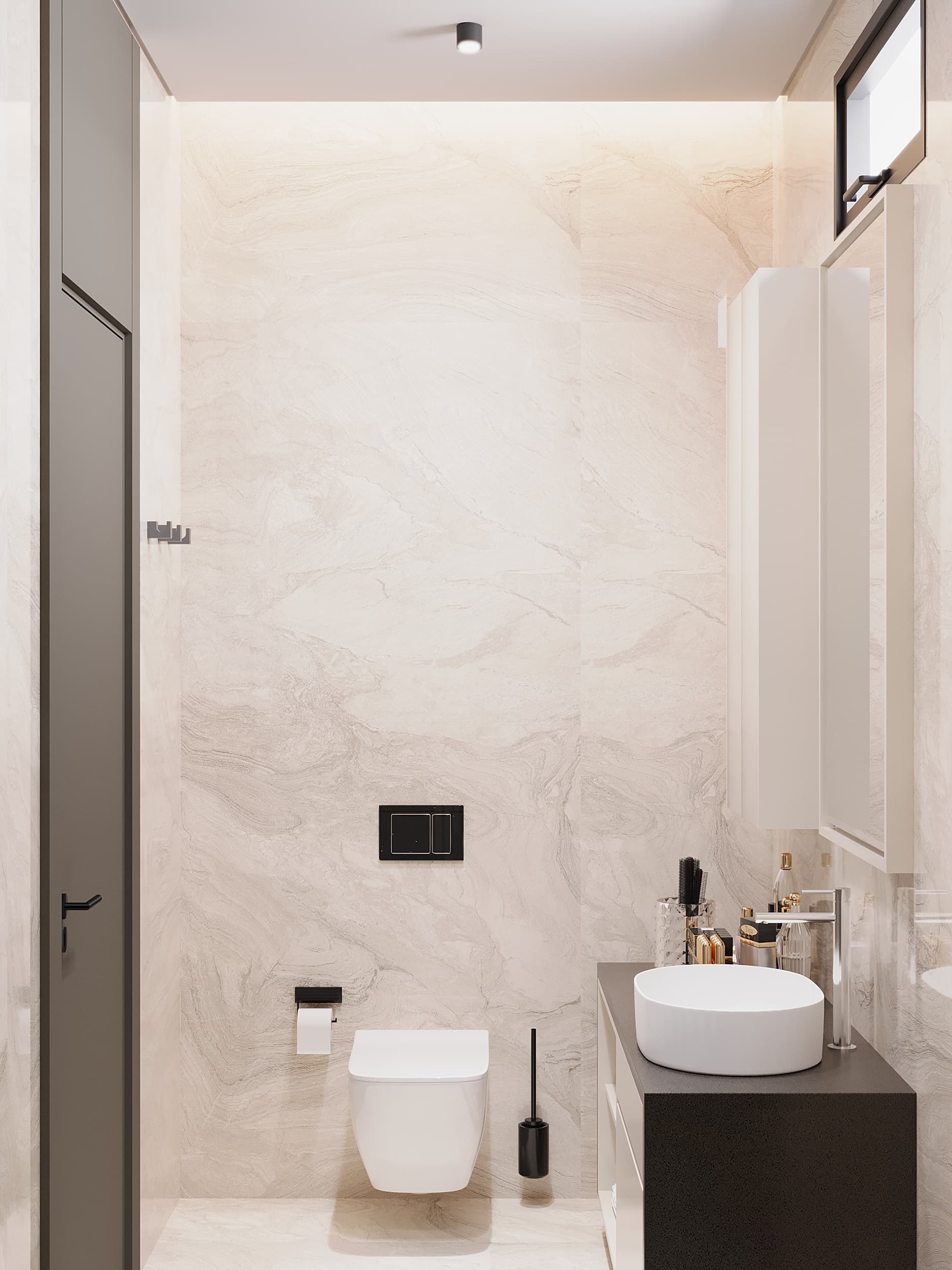Light marble bathroom with toilet and floating vanity