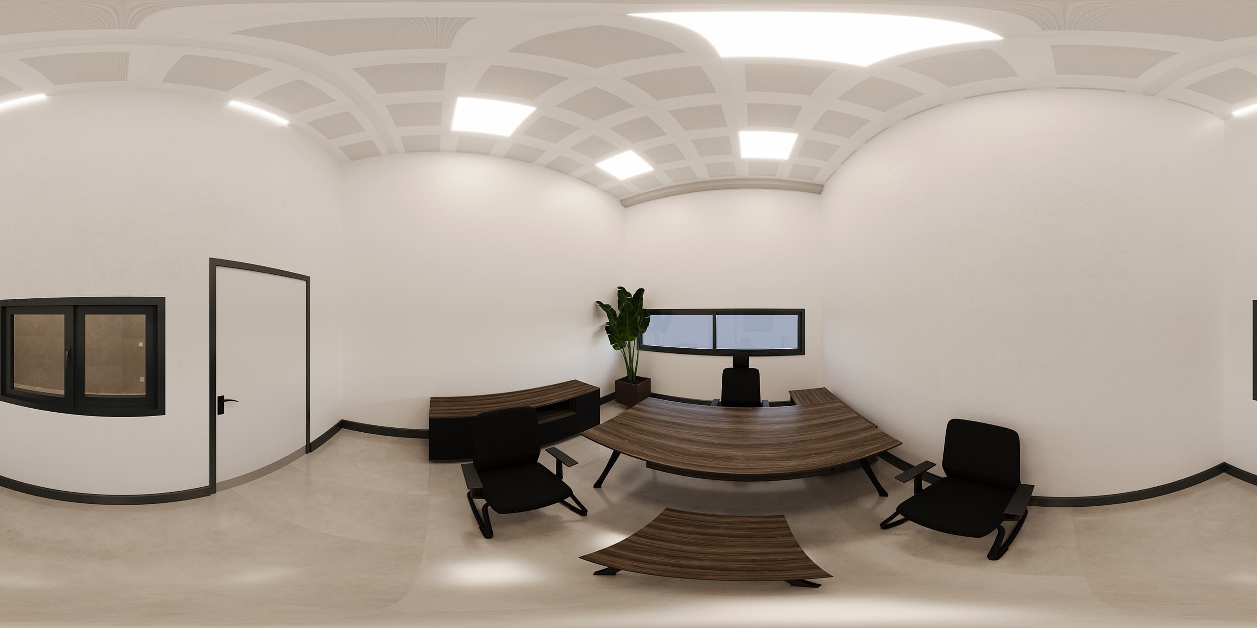 Open plan office with timber-slat ceiling and workstations