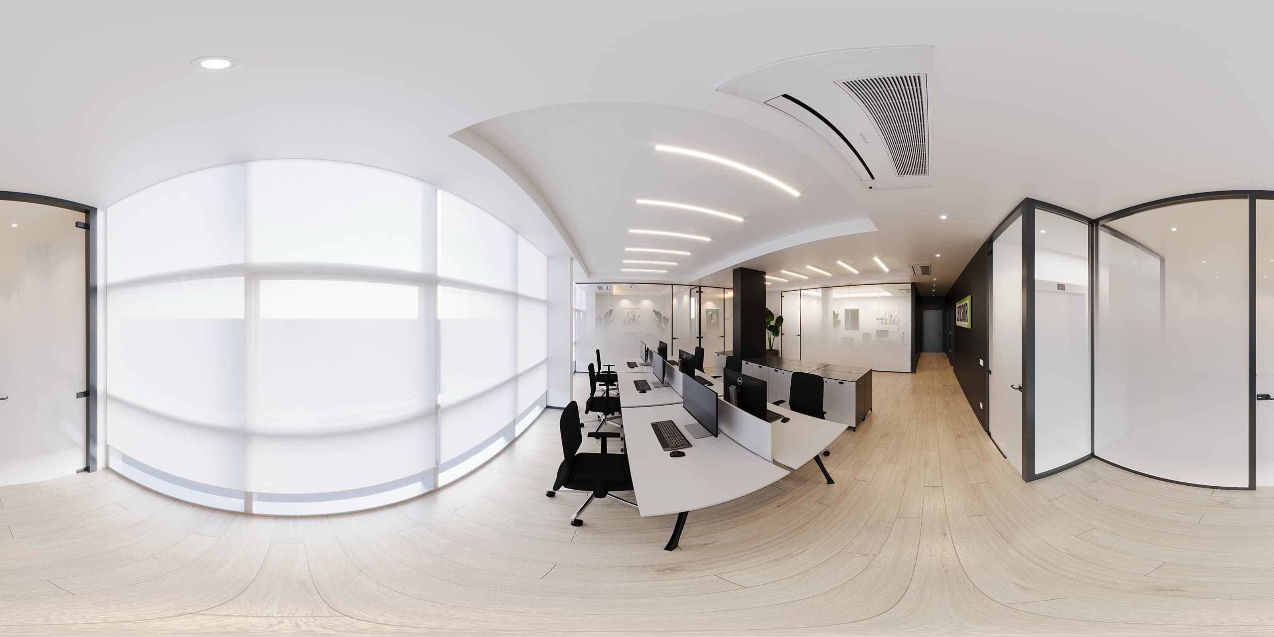 Conference room with marble wall and pendant lighting