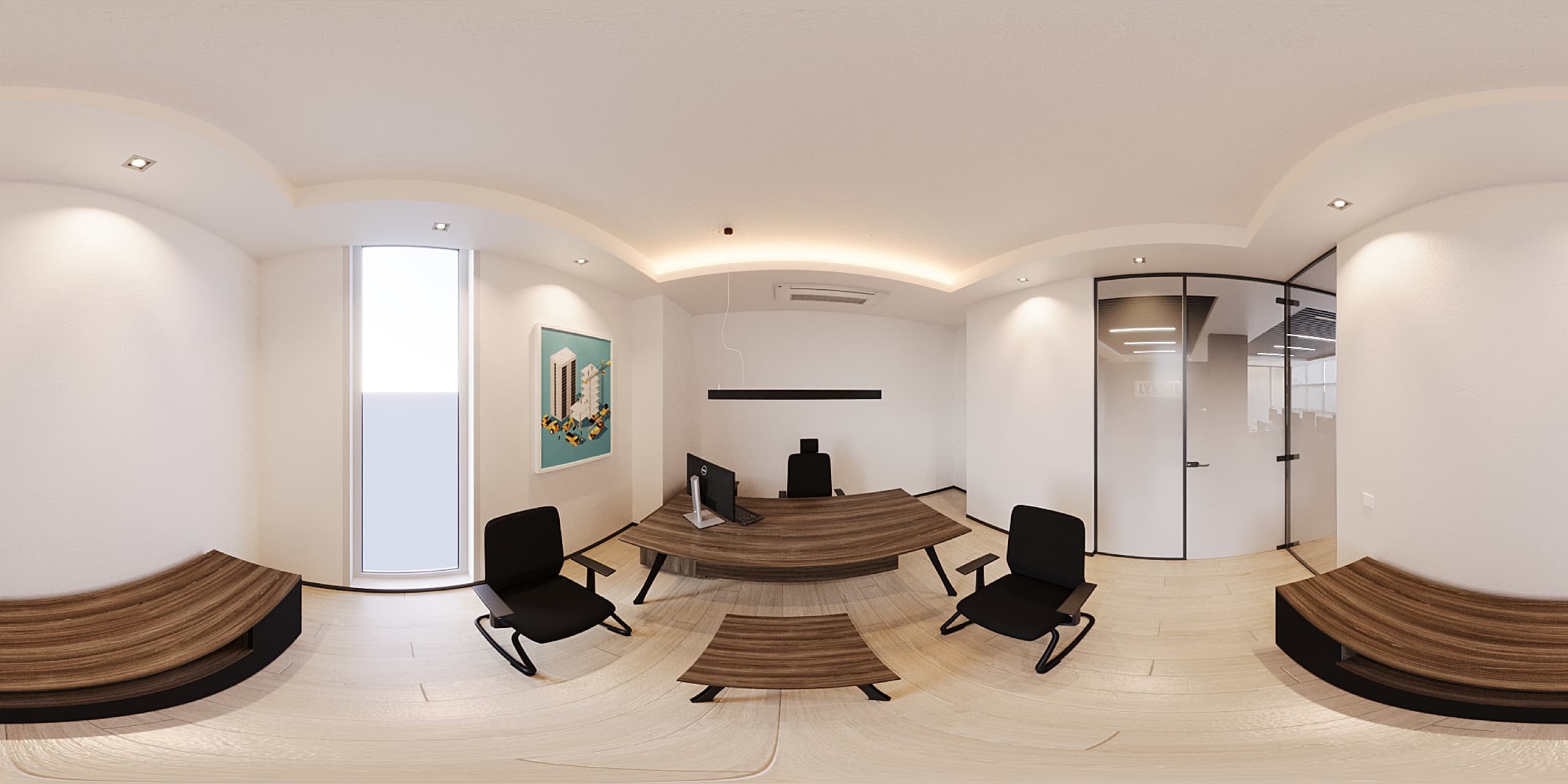 Large dining hall with island and seating