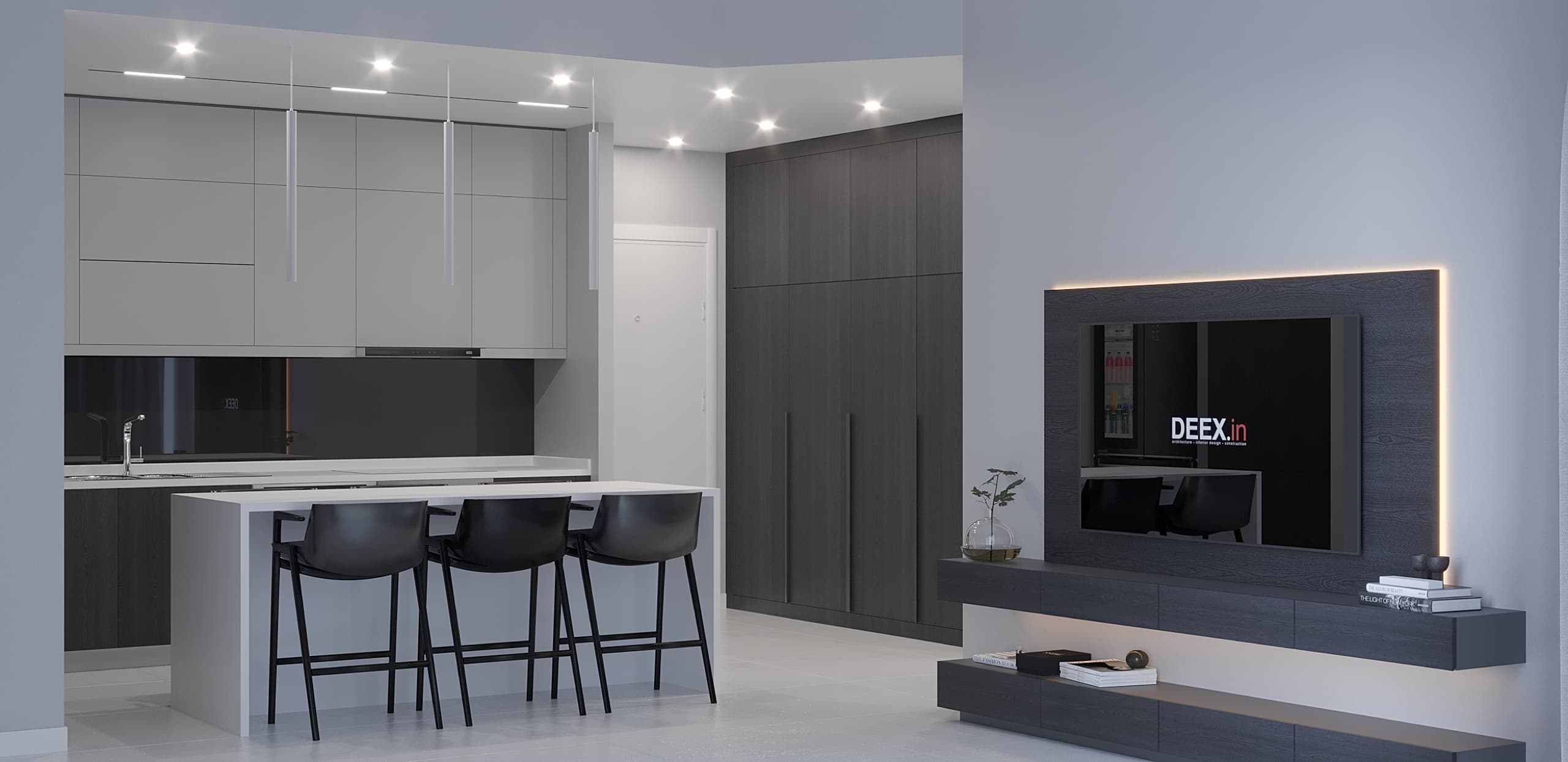 Kitchen with handleless cabinetry and island