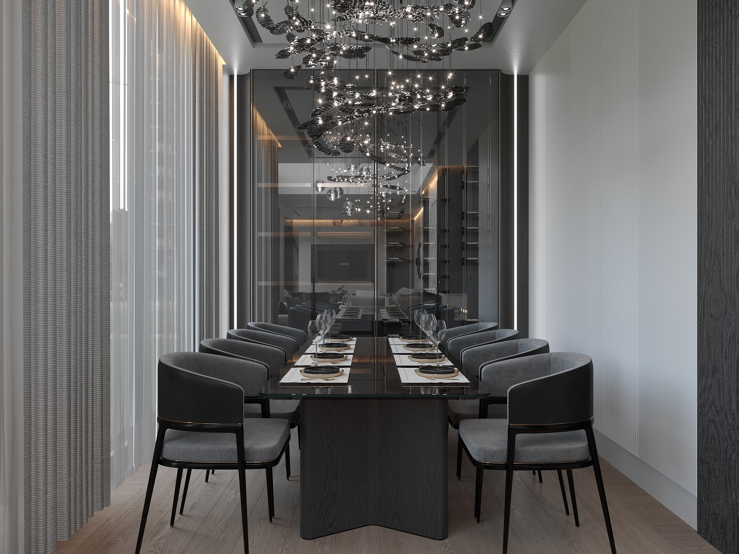 Formal dining room with dark table, smoked glass chandelier, and mirrored wall