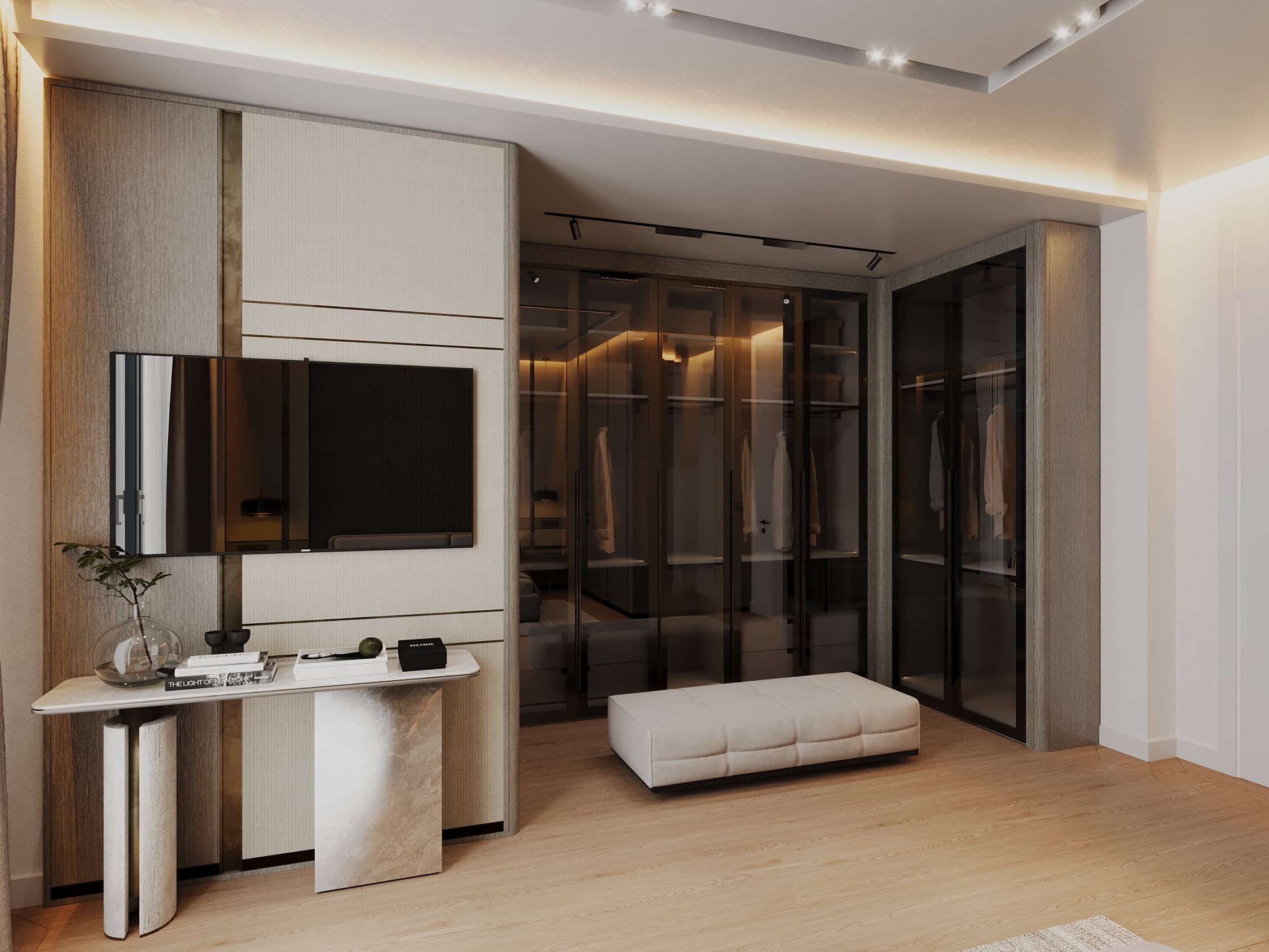 Master bedroom with TV console, vanity desk, and glass walk-in closet