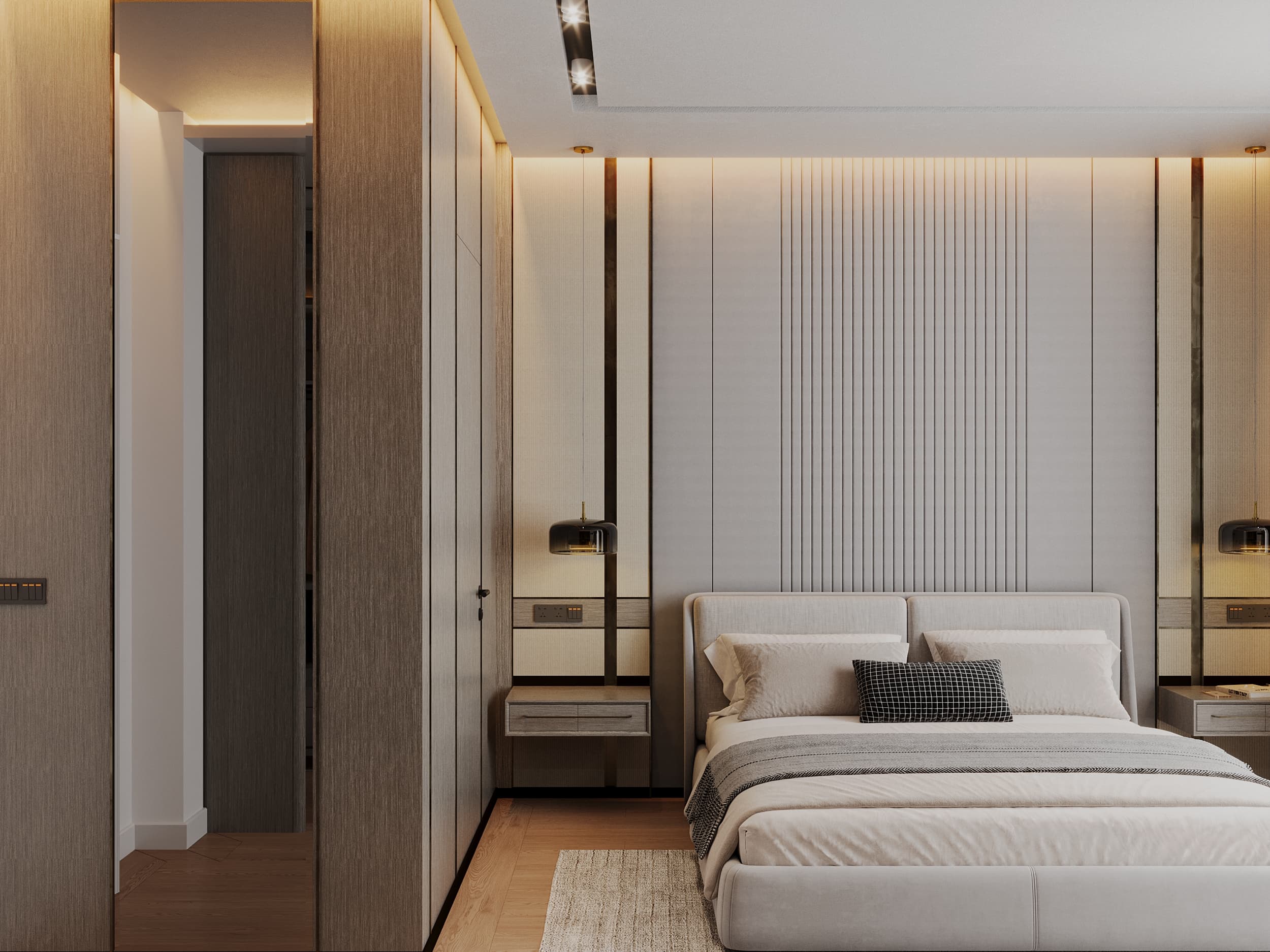 Master bedroom side angle showing timber wardrobe and fabric headboard panel