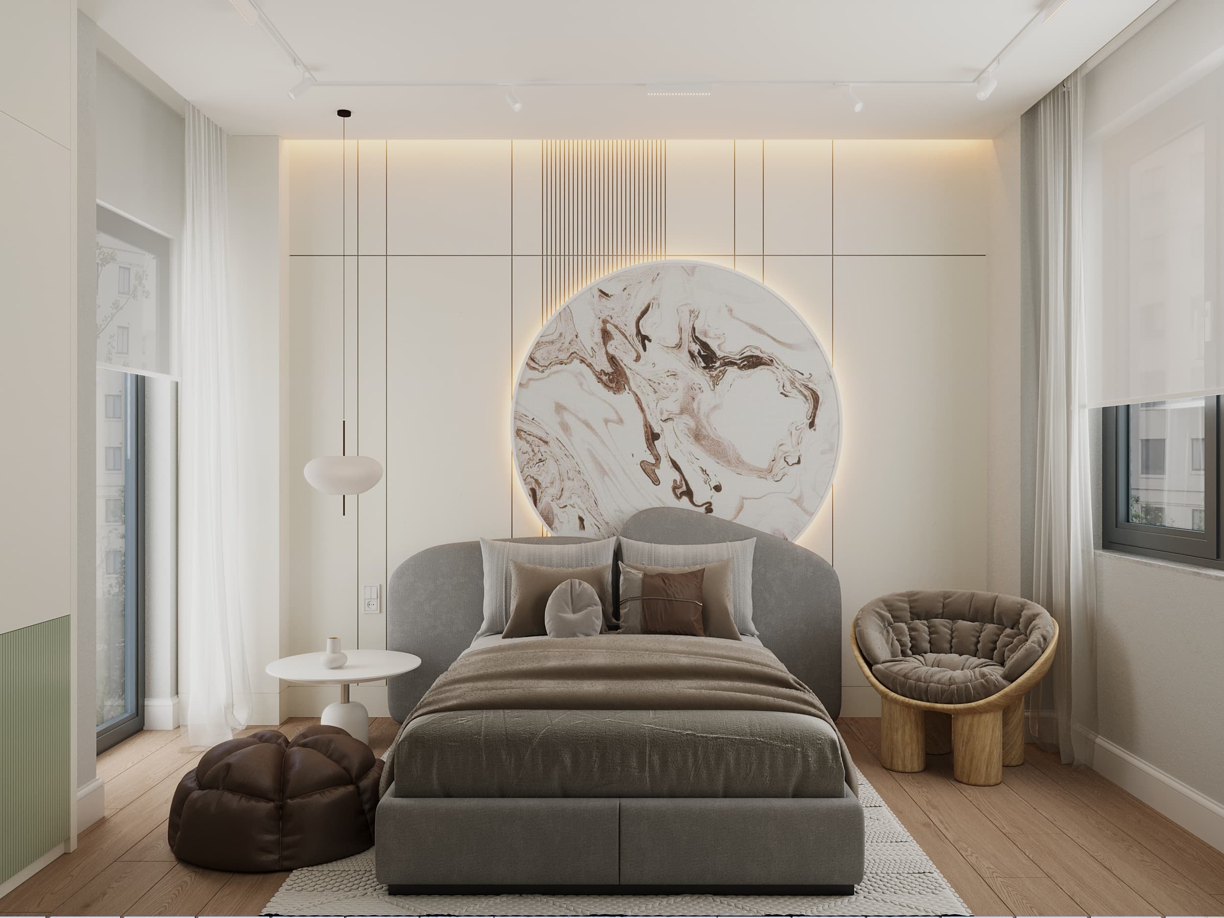 Boy's bedroom with backlit circular marble art panel above grey bed