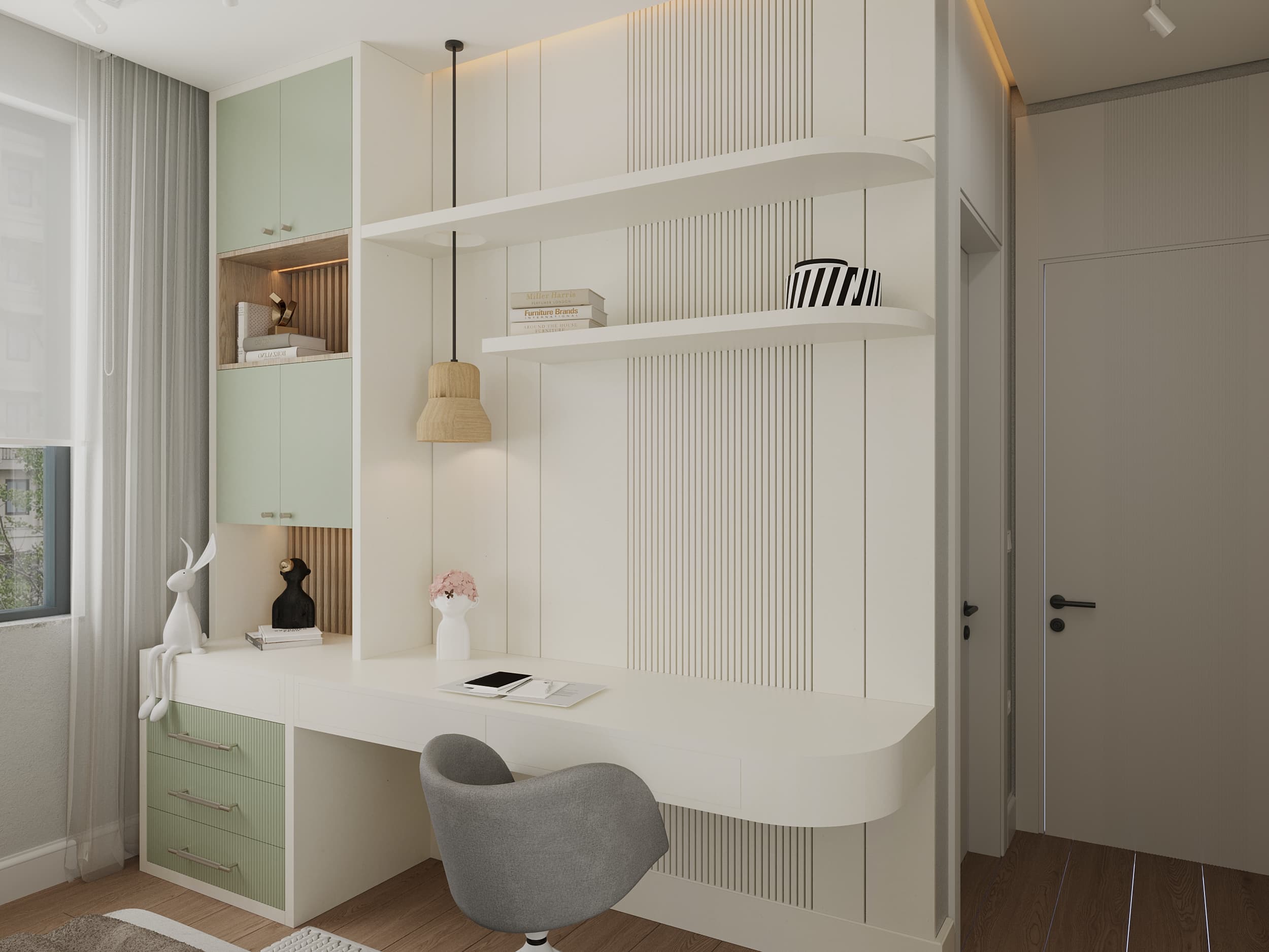 Study desk detail with green accents, pendant light, and slatted backdrop