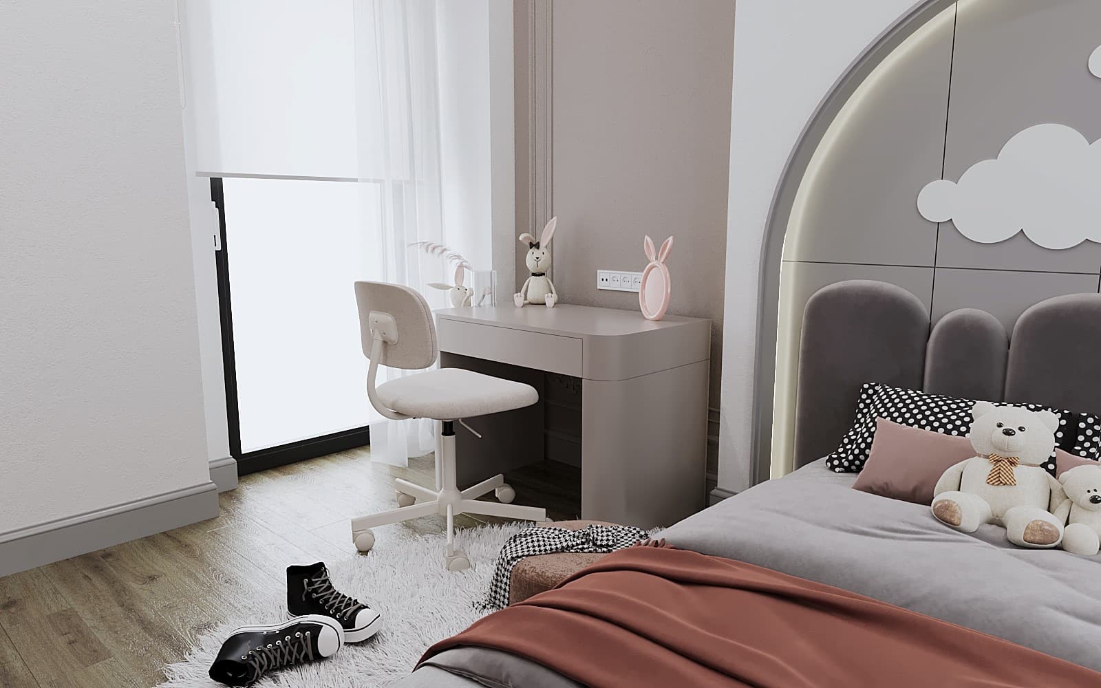 Study corner close-up with bunny figurines and arch headboard beyond