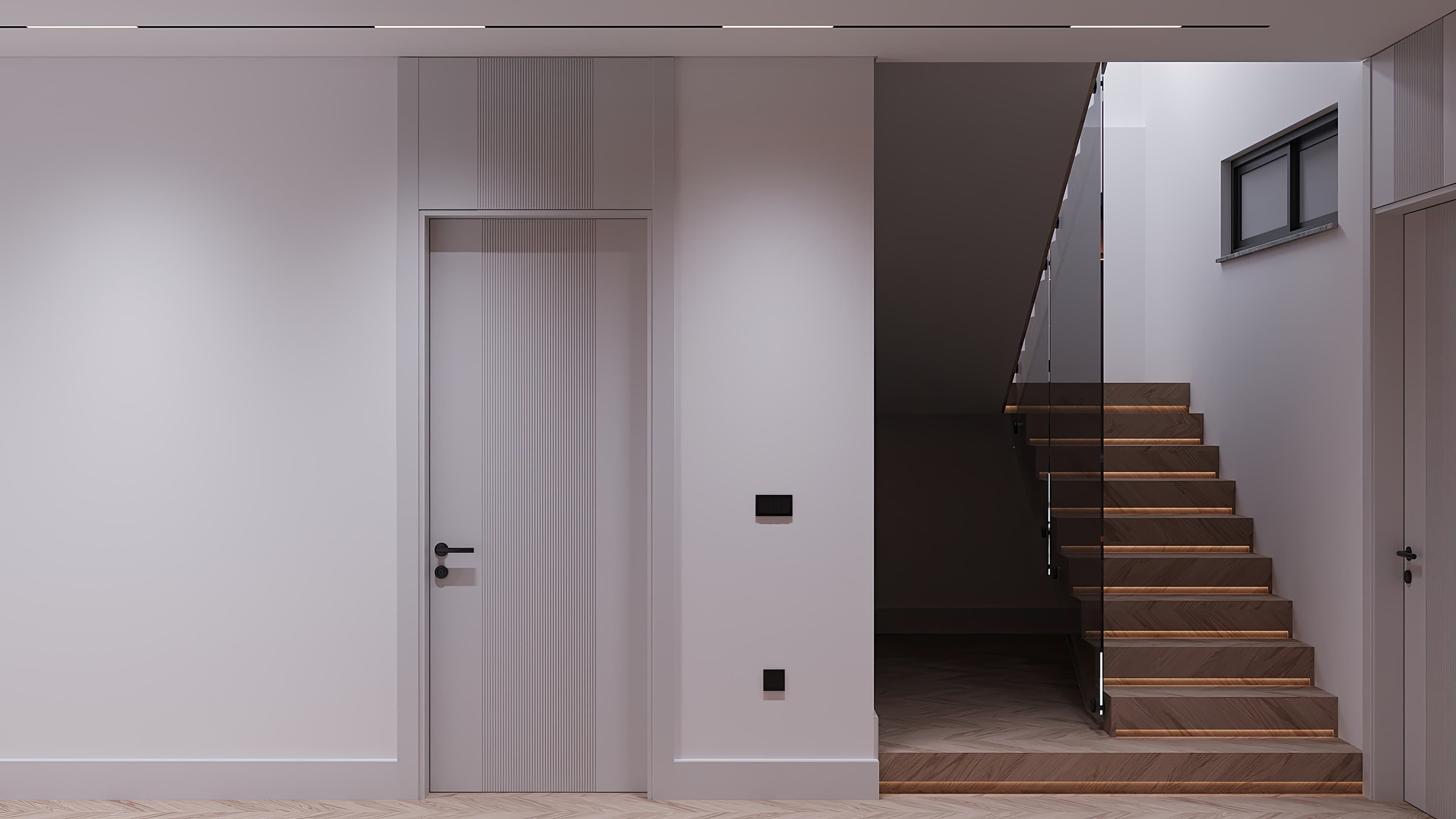 Hallway with oak staircase, glass balustrade, and ribbed door