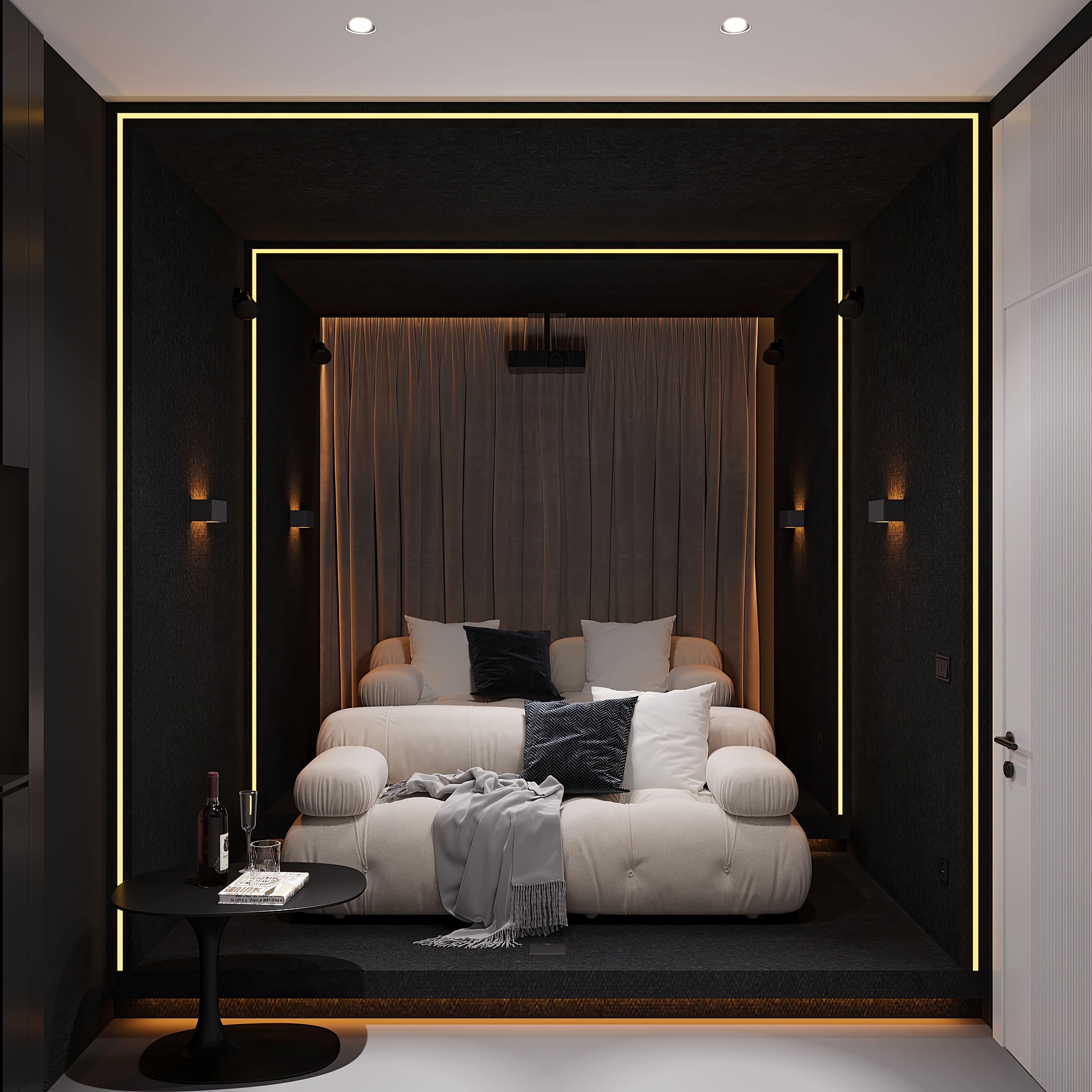 Home cinema alcove with plush white sofa, dark walls, and LED frame
