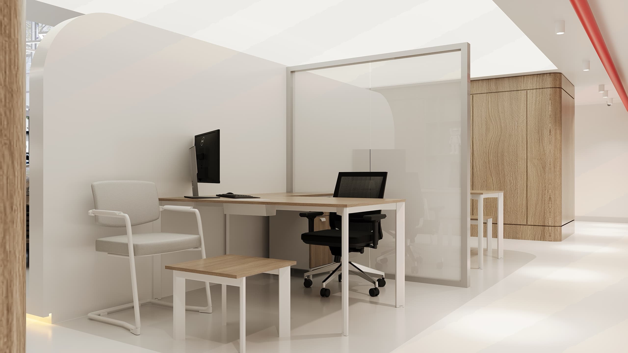 Reception desk with brand wall