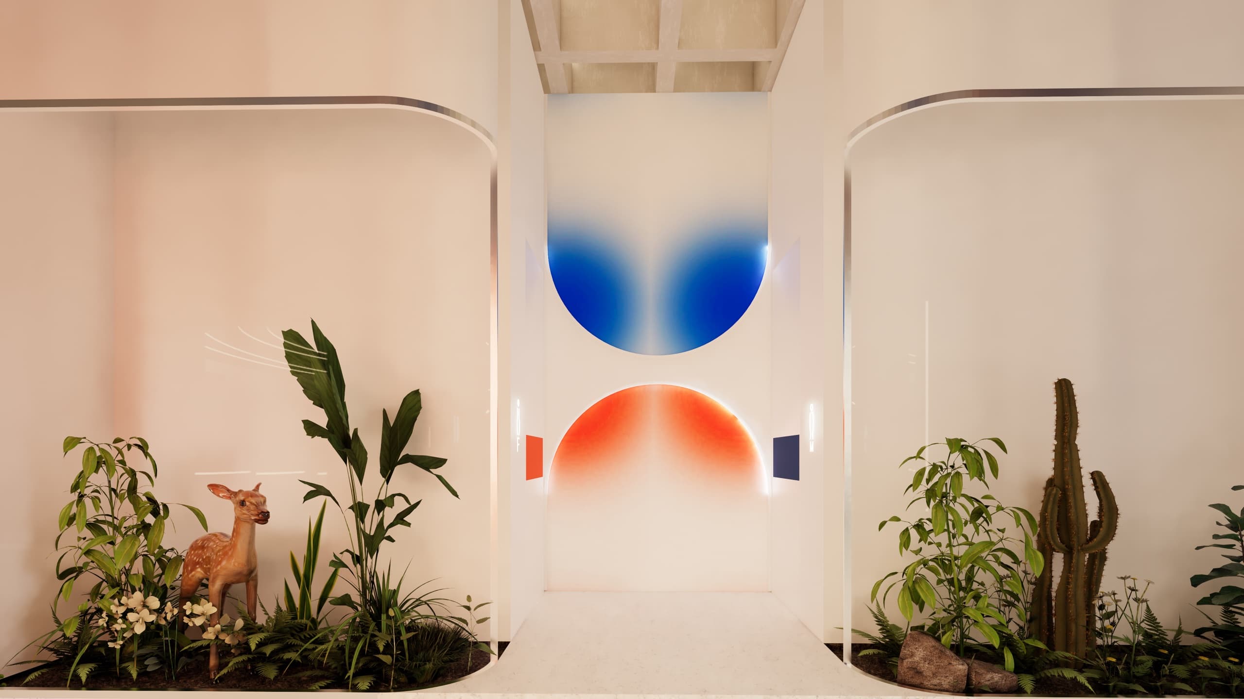 Reception with logo wall and curved counter