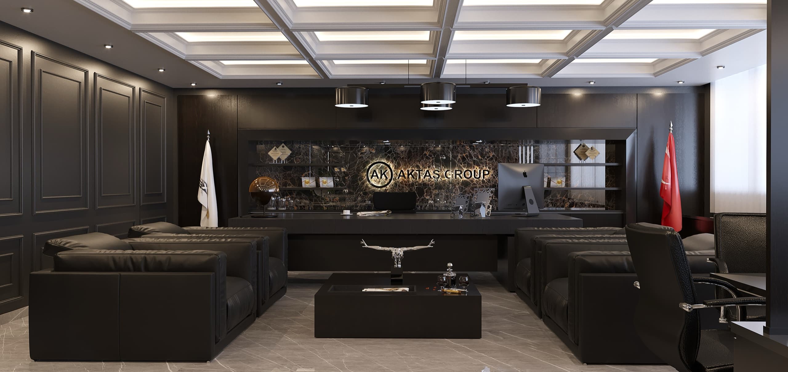 Lounge area with custom sofa and brass coffee table