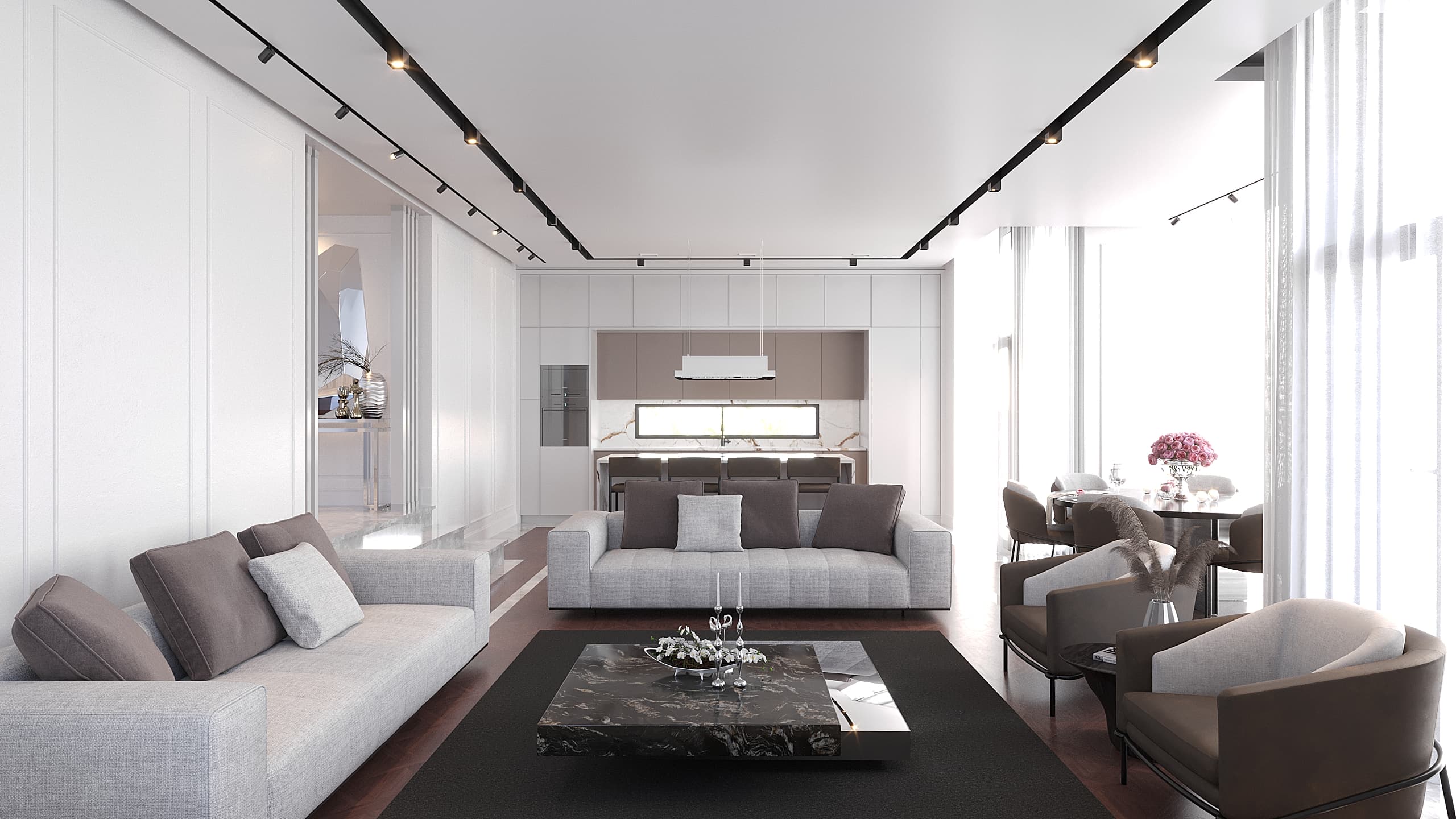 Living room from kitchen side showing sofas, marble coffee table, and dining nook