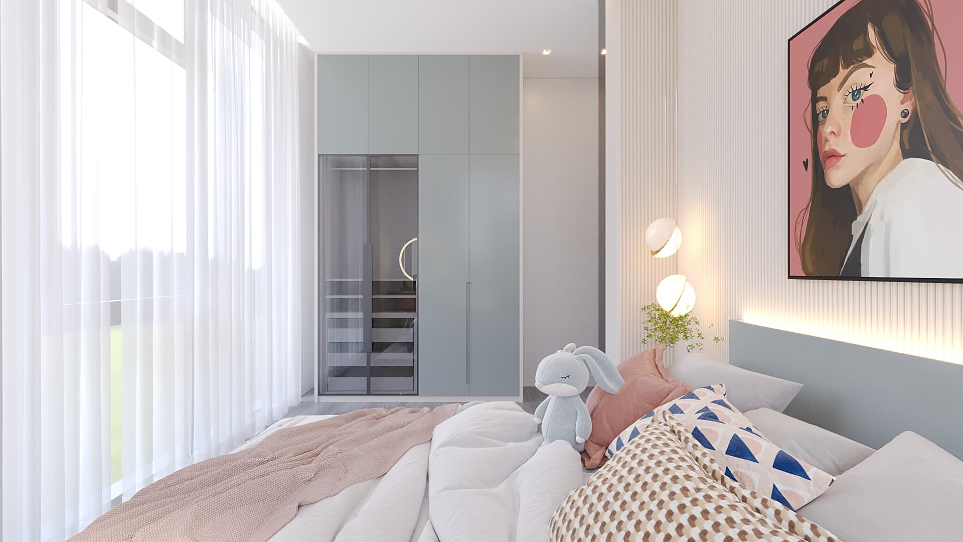 Girl's room angle showing blue wardrobe with glass door and slatted headboard