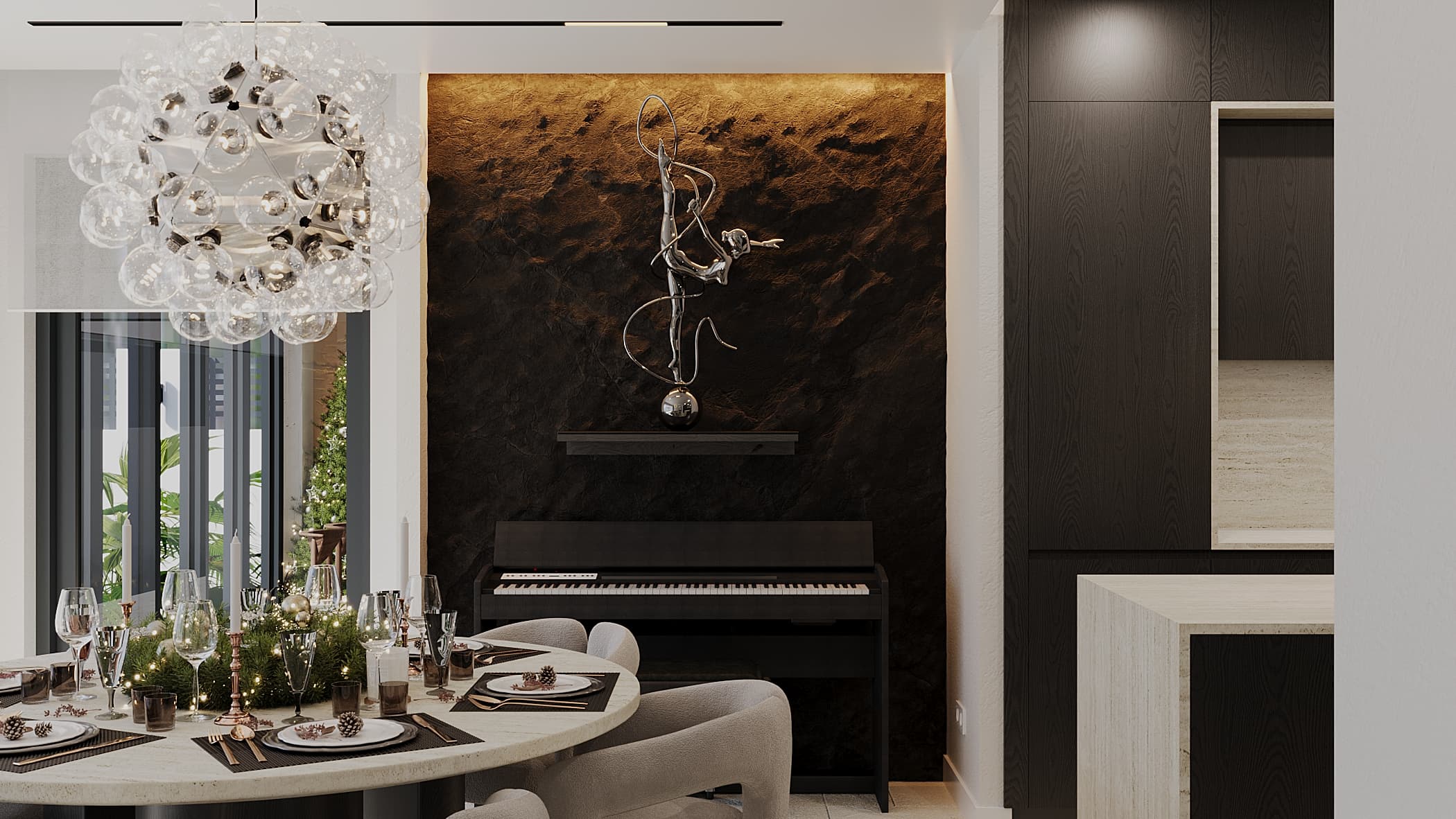 Powder room with stone basin and sconce lighting