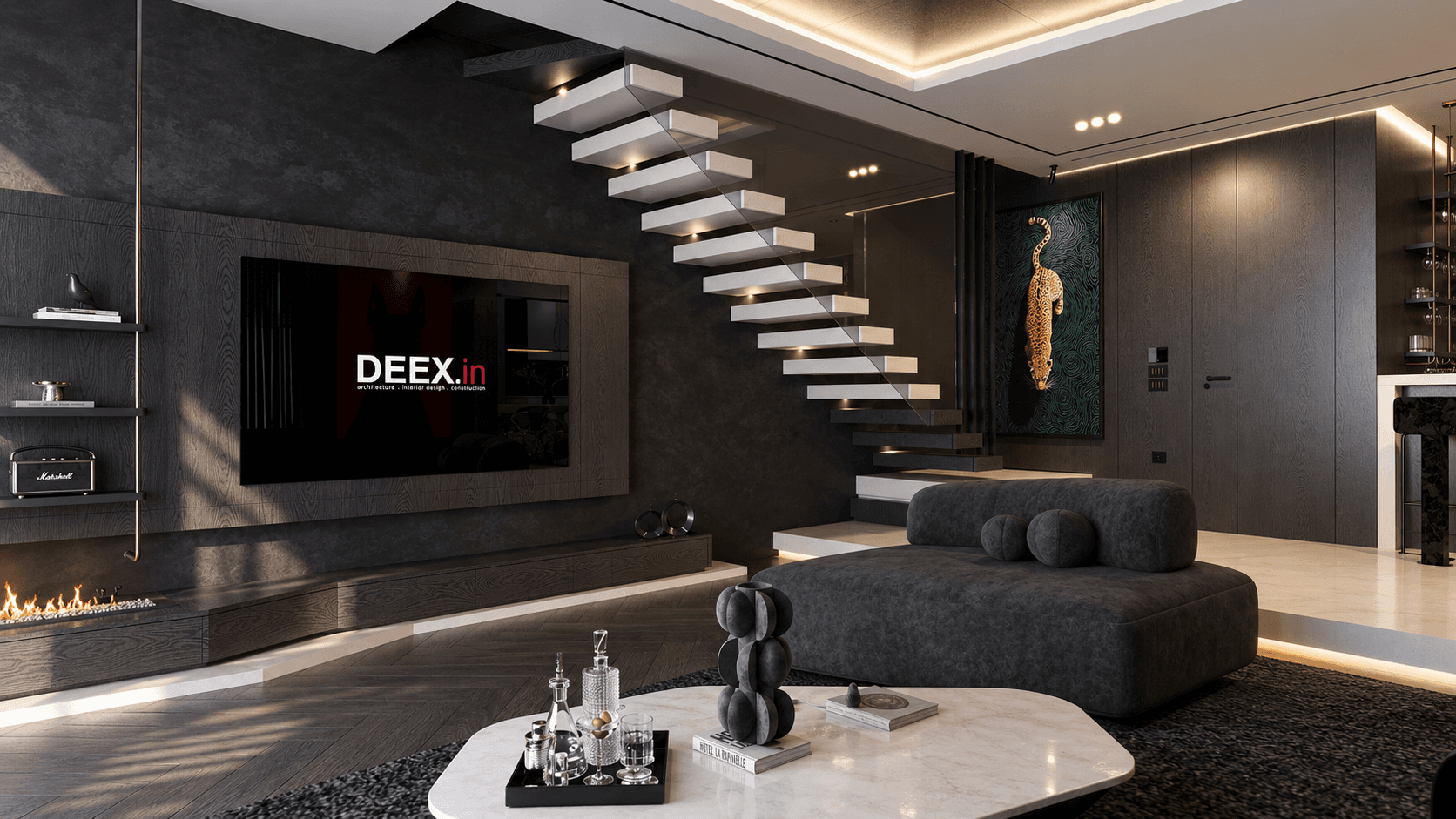 Salondaki tv ünitesine ve merdivene odaklanan bakış açısı
