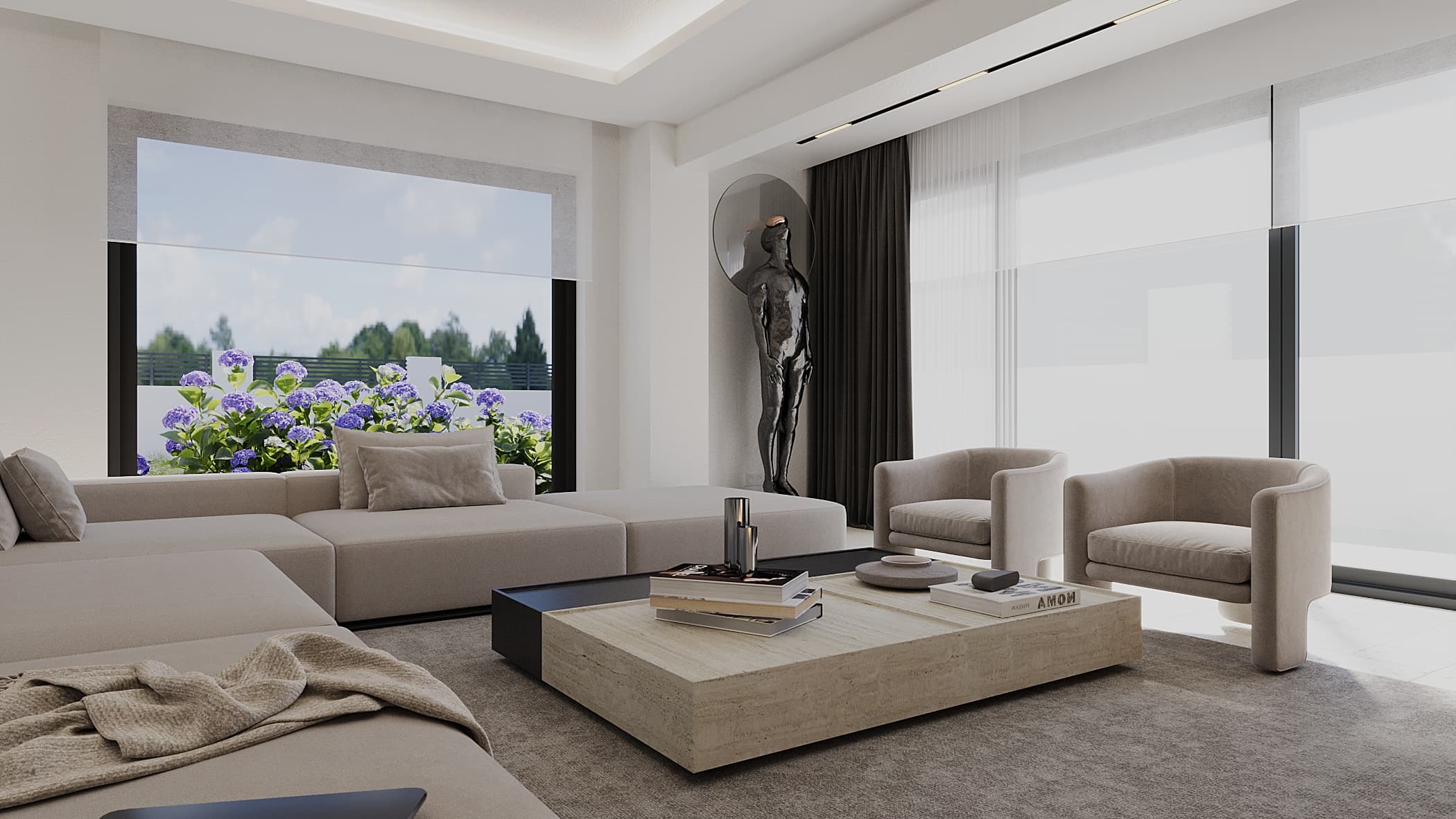 Dining area with sculptural pendant and view of garden