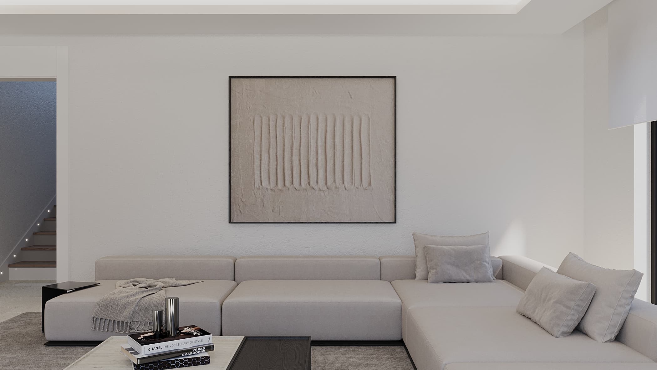 Open-plan living area connected to kitchen and dining