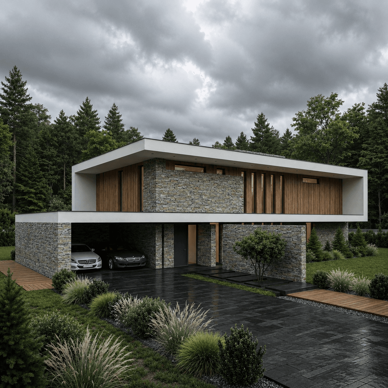 Completed villa with stone and timber facade photographed under overcast sky