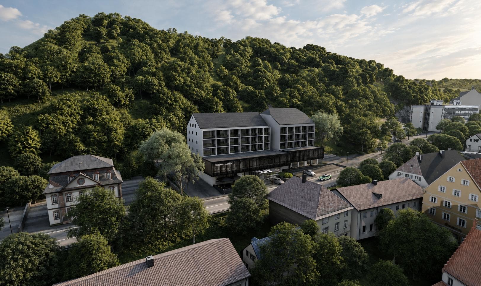 Une vue aérienne révèle comment l'hôtel s'inscrit dans le flanc boisé de Schlangenbad.