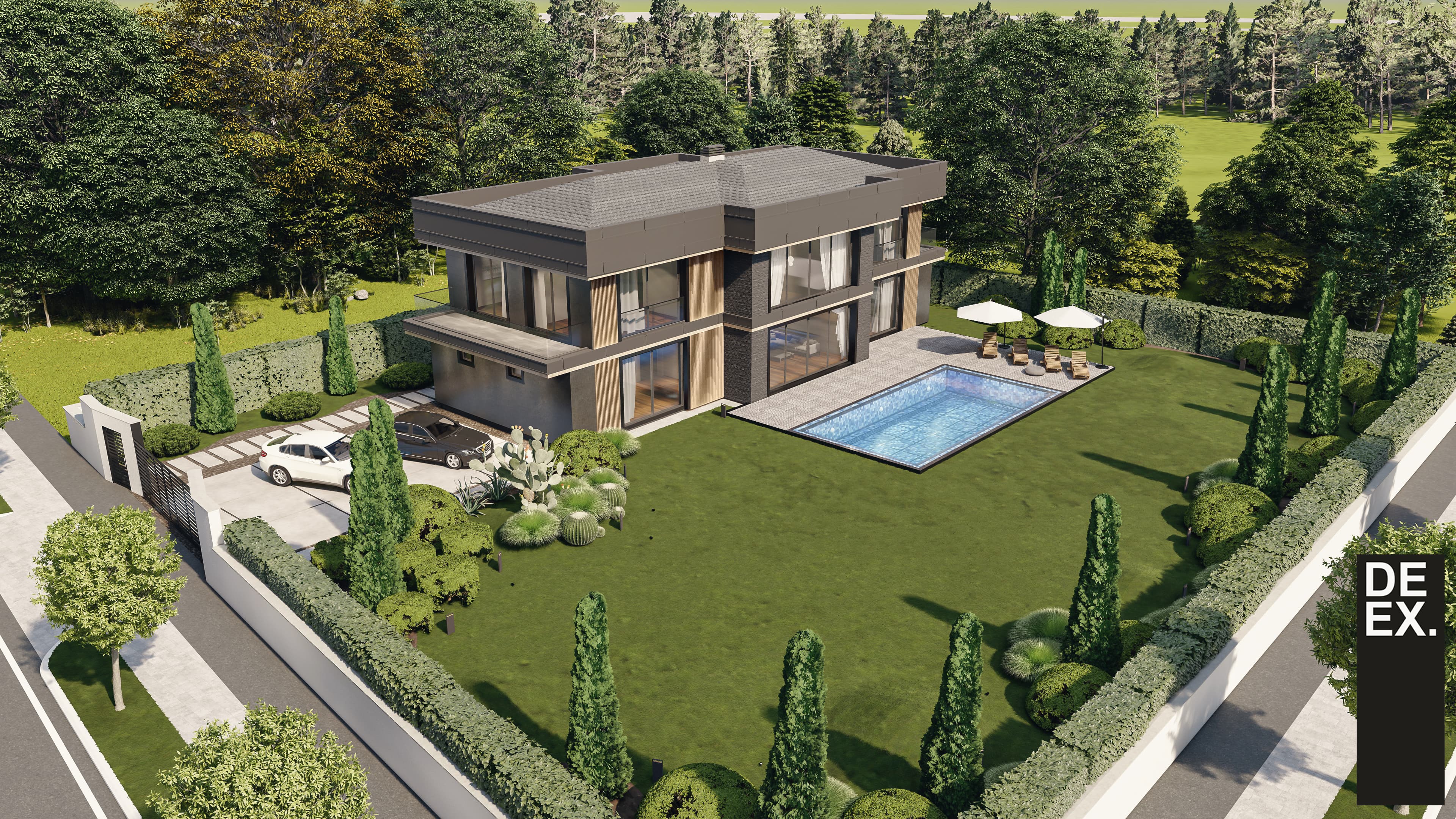 Aerial render of villa with pool, manicured garden, and cypress trees