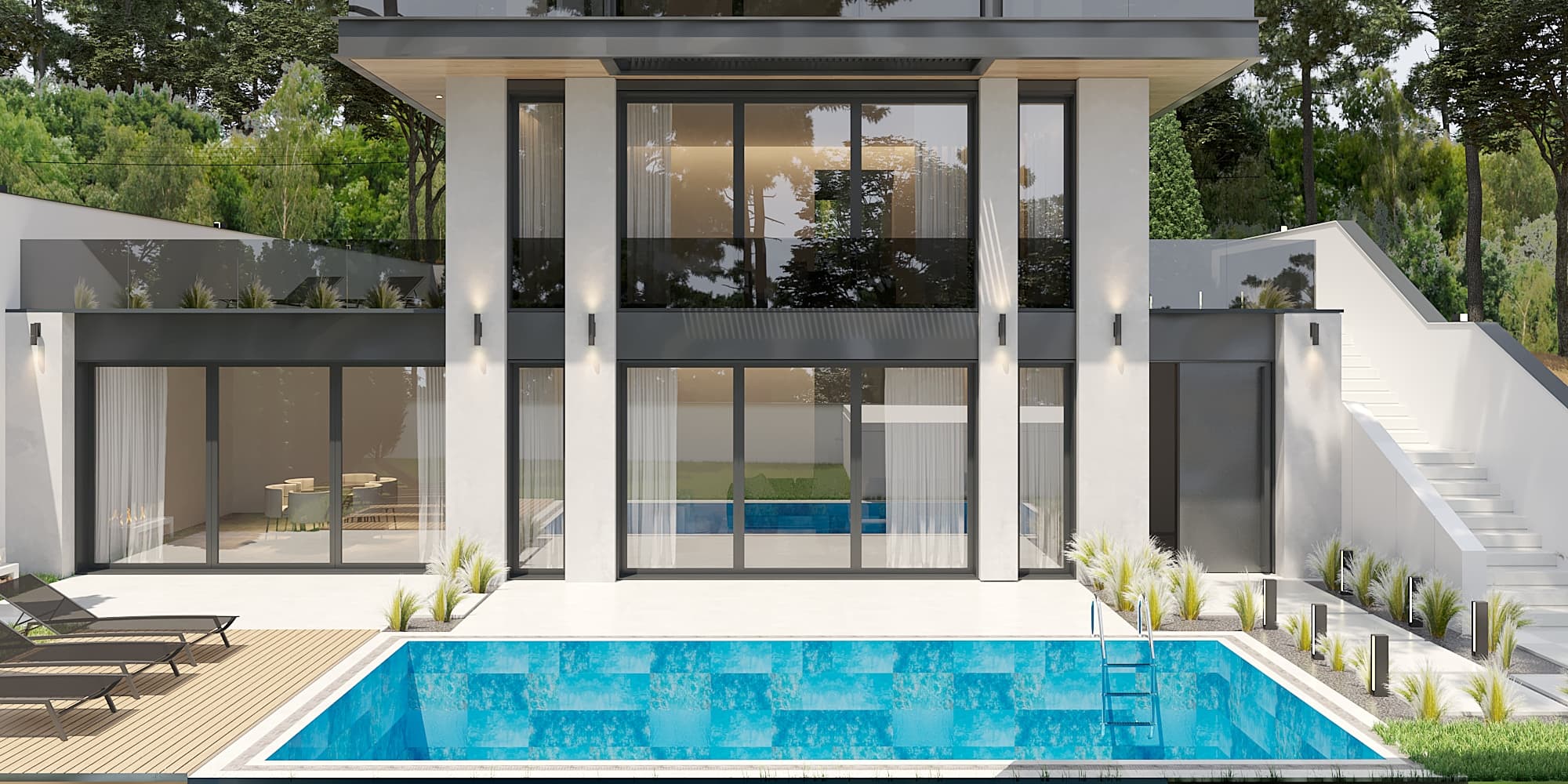 Rear garden elevation with double-height glazed living area and swimming pool