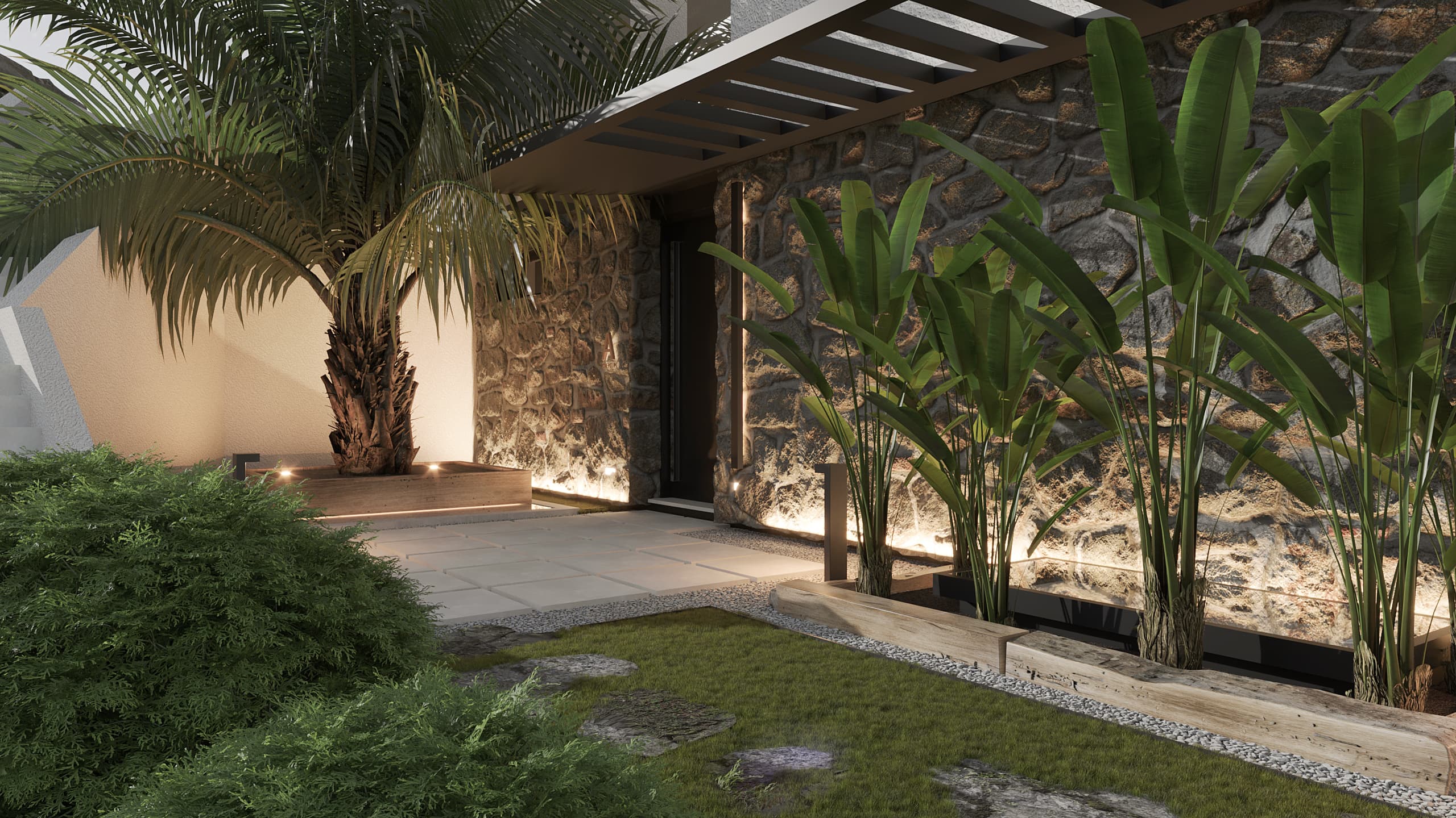 Sheltered entrance pathway with stone wall, pergola, and lush tropical plantings