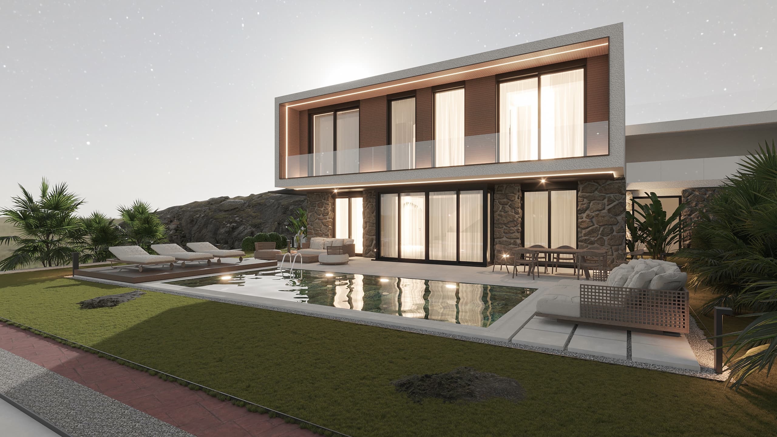 Villa exterior with stone accents, sun loungers, and infinity pool at twilight