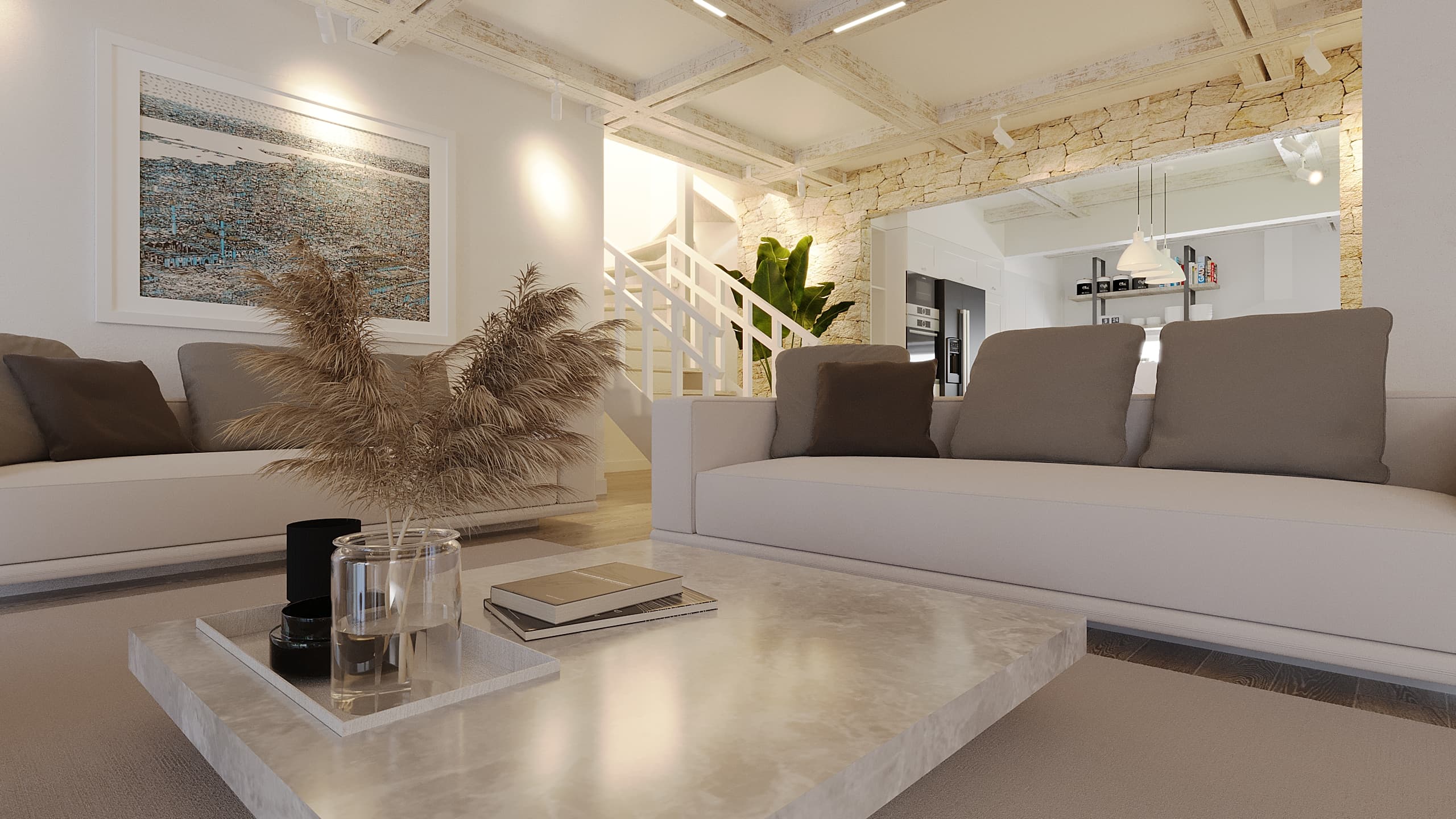 Living room detail with marble coffee table, sofas, and staircase behind