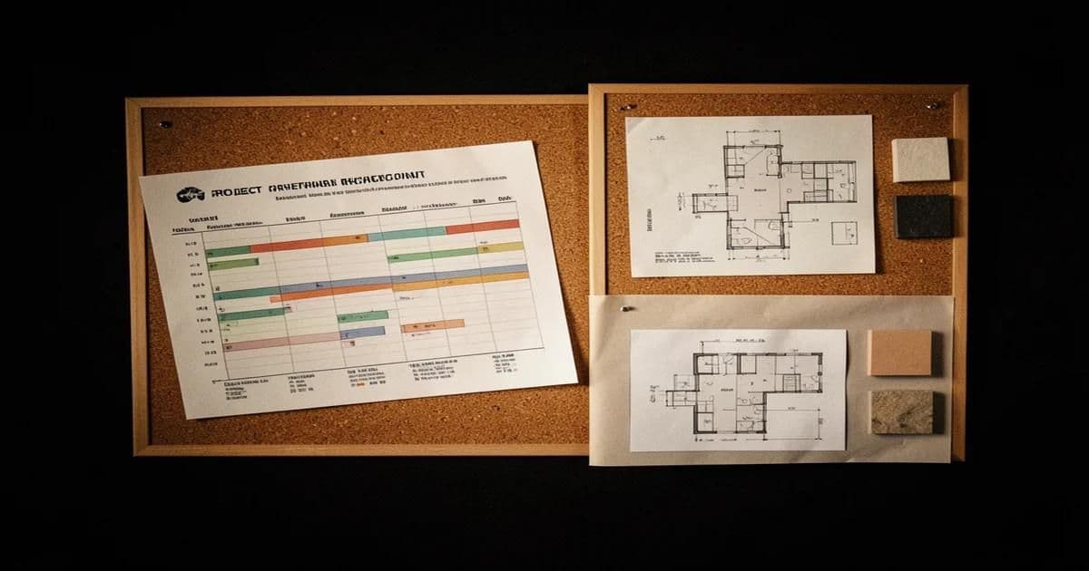 House design timeline with architectural drawings progressing from concept sketch to final plans