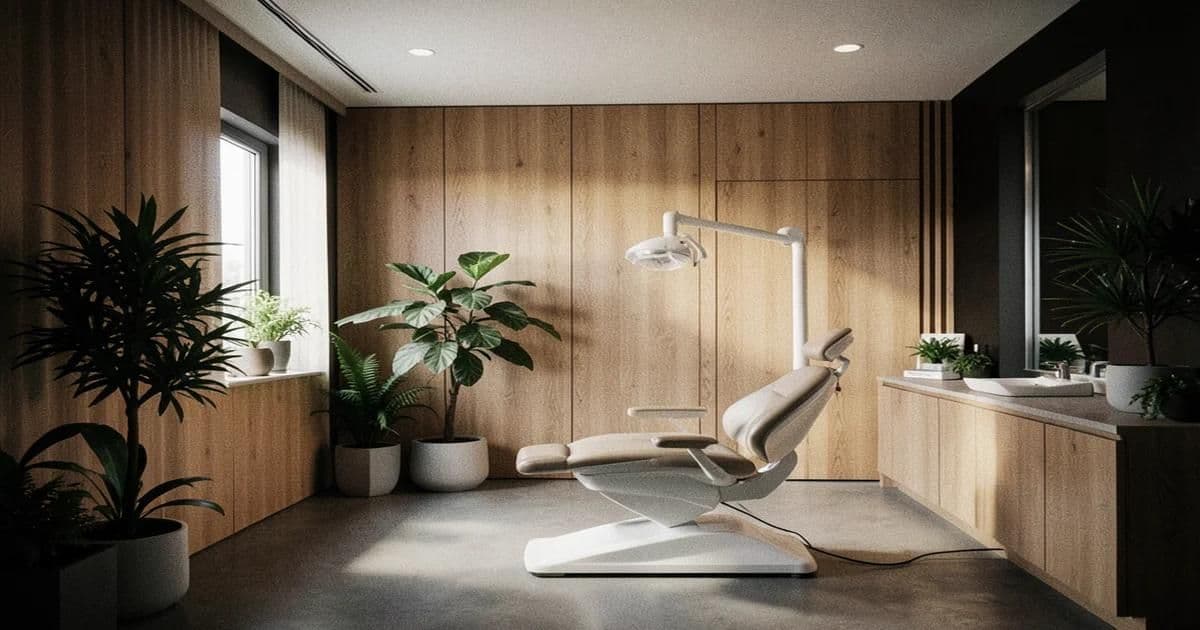 Dental clinic interior design with warm lighting, natural wood, and biophilic elements