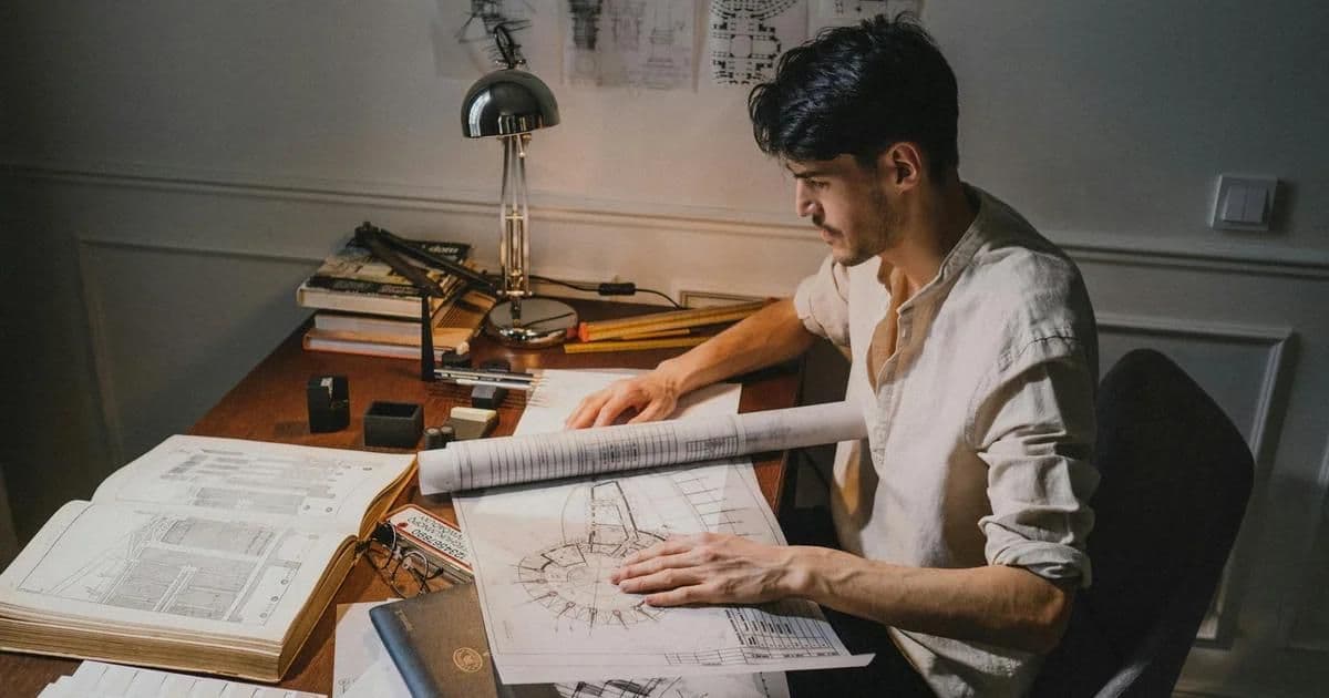 Architect reviewing blueprints alongside an interior designer selecting material samples