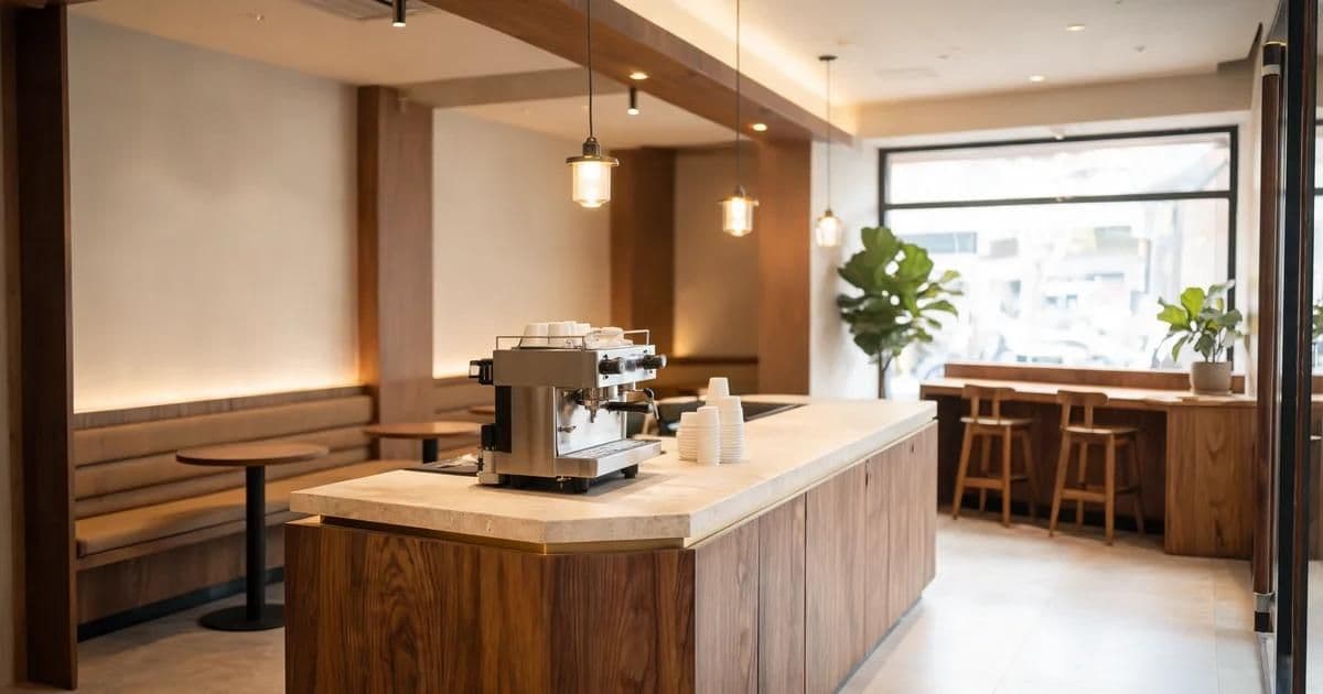 Cafe interior design with a warm-lit barista counter, wall banquette and window bar in a small Istanbul cafe